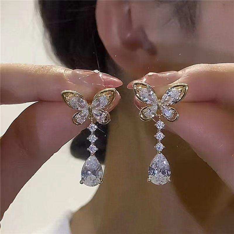 Zirconia Butterfly Earrings Female Water Drop Tassel Earrings Light Luxury Design Silver Pin Comfortable Elegant Earrings