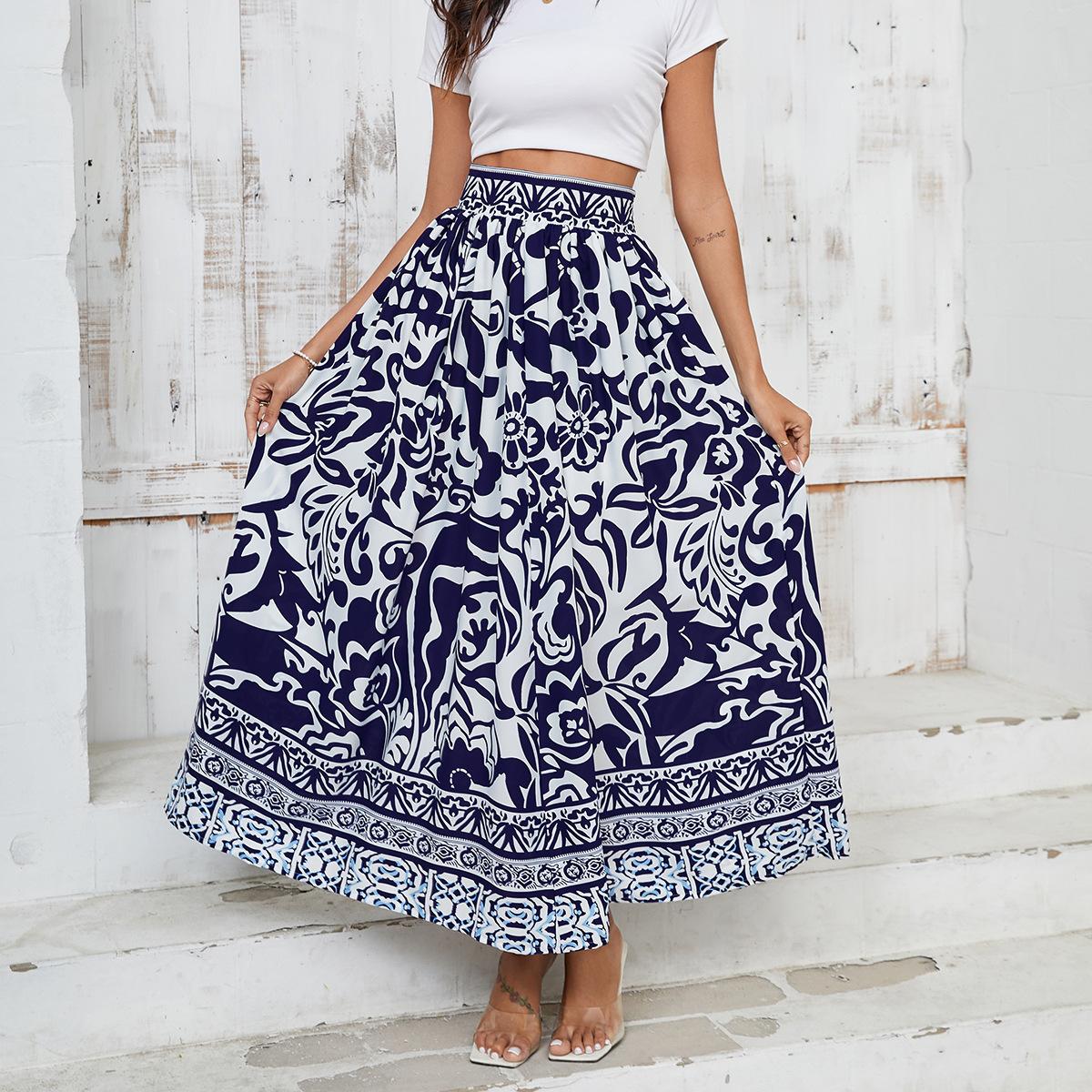 Tooxika New Printed Ethnic Style Half Skirt, Holiday Casual Large Swing Long Skirt