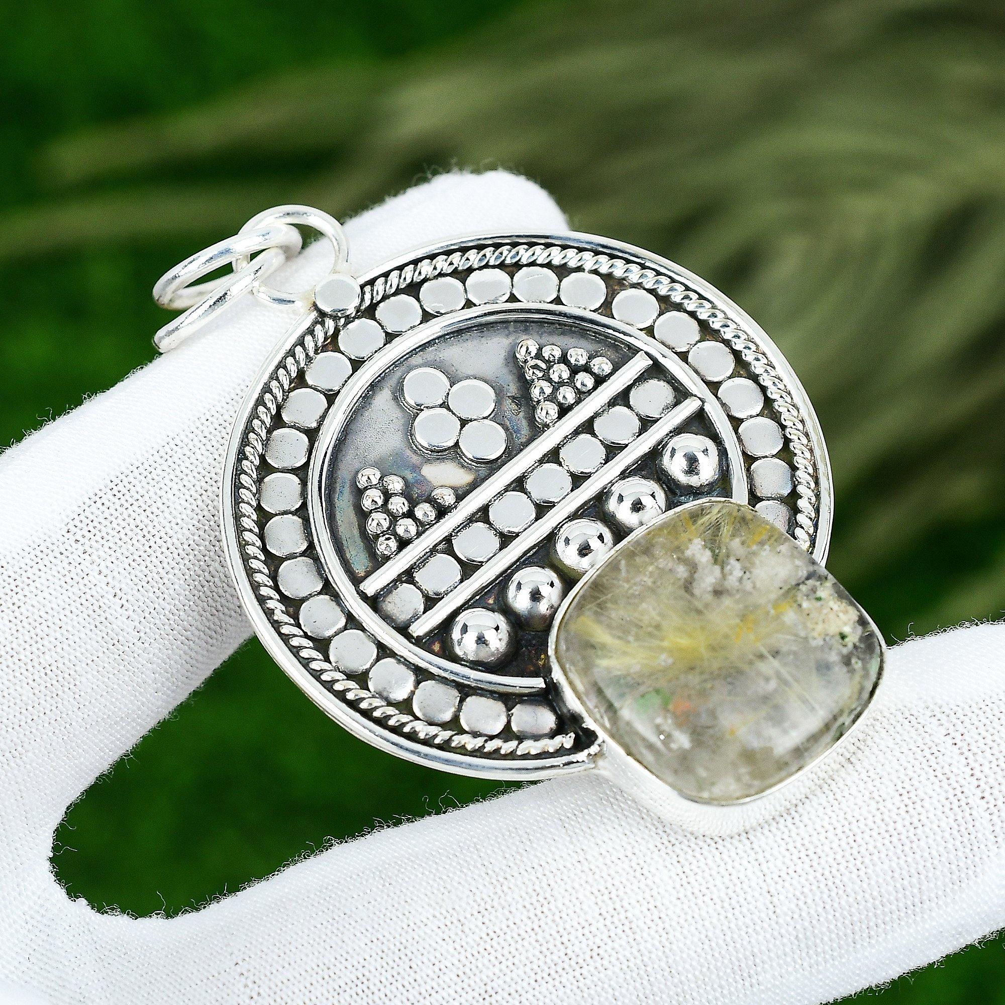 Sisters Day Deal 925 Silver Golden Rutile Gemstone Daughter Bezel Ethnic Pendant