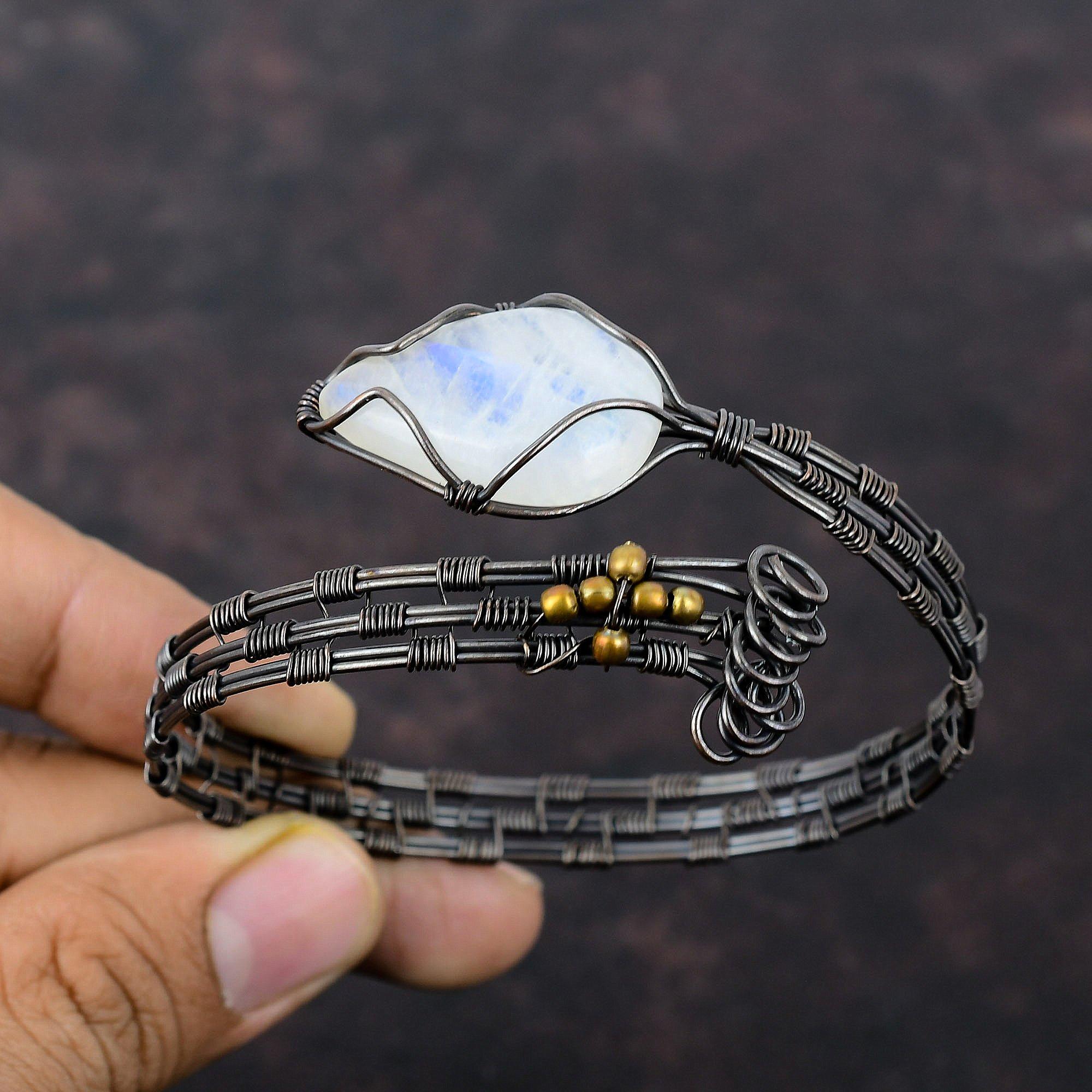 Regenbogen Mondstein Manschettenarmband Kupferdraht gewickelt Armreif Handarbeit verstellbarer Armreif Kupferdraht gewickelt Schmuck Edelstein Armreif für Geschenke