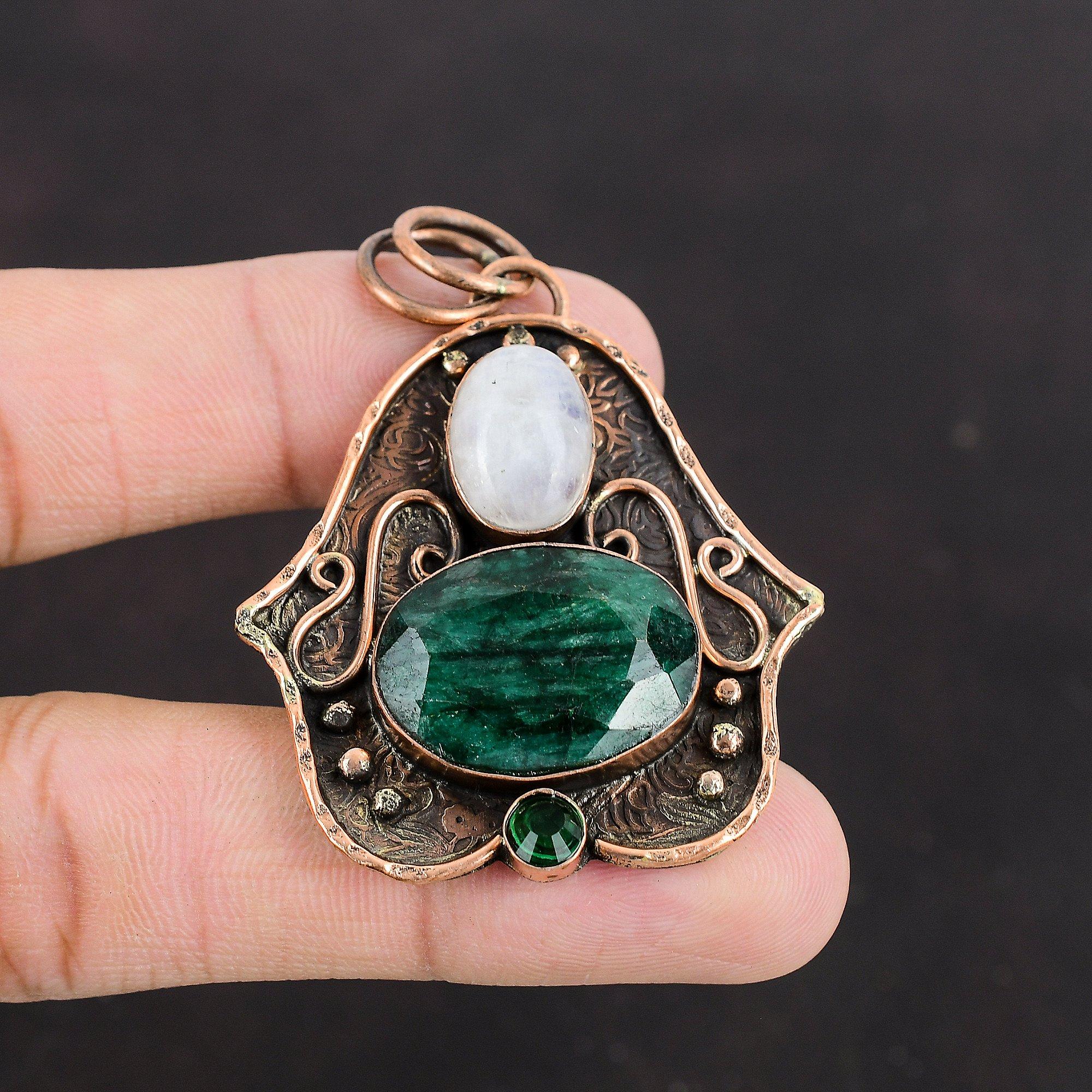 Faceted Zambian Emerald Pendant Rainbow Moonstone Pendant Chrome Diopside Pendant Copper Pendant Natural Gemstone Jewelry Handmade Pendant