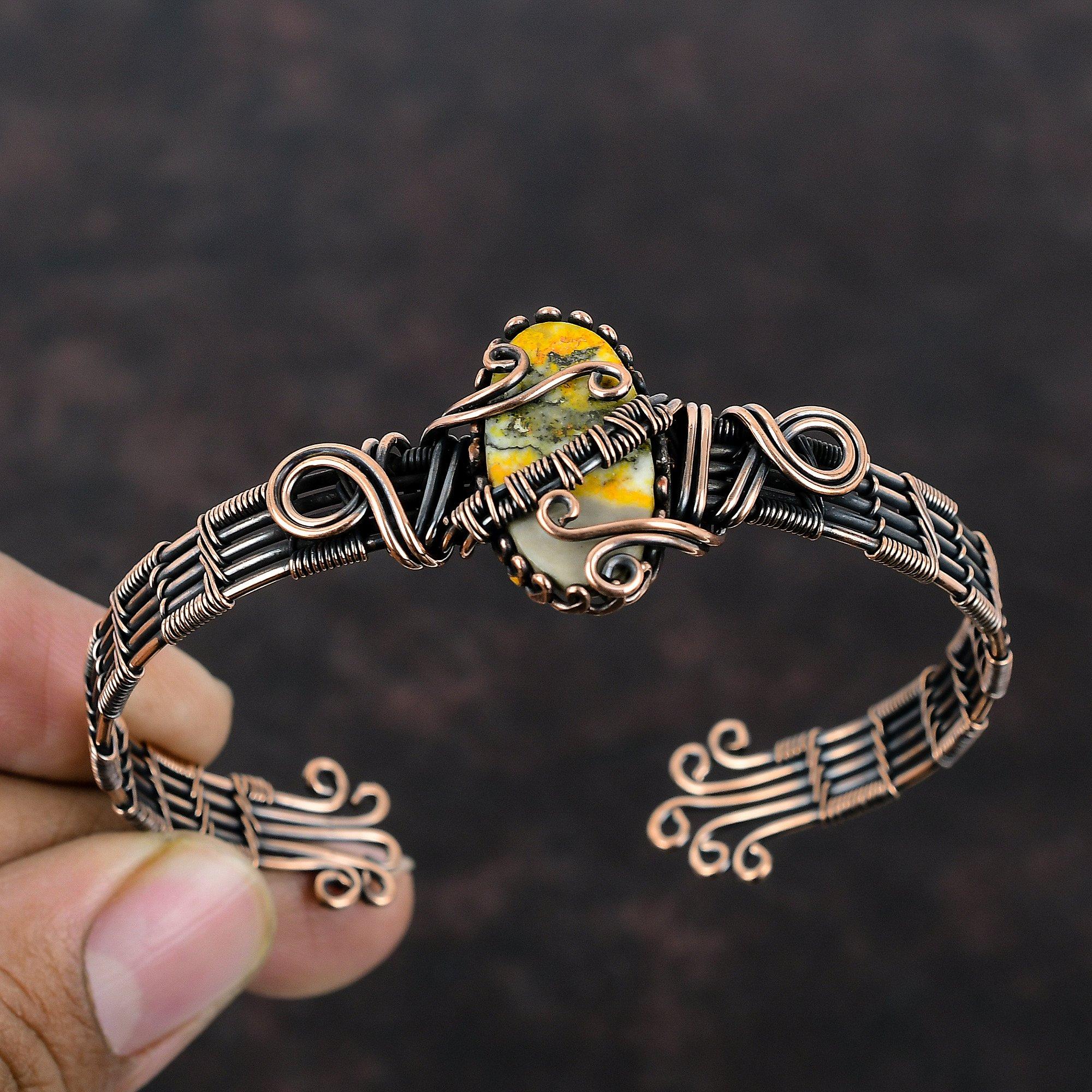 Bumble Bee Jasper Copper Cuff Bracelet Wire Wrapped Bangle Gemstone Copper Jewelry Adjustable Cuff Bangle Gift For Mother Handmade Bracelet