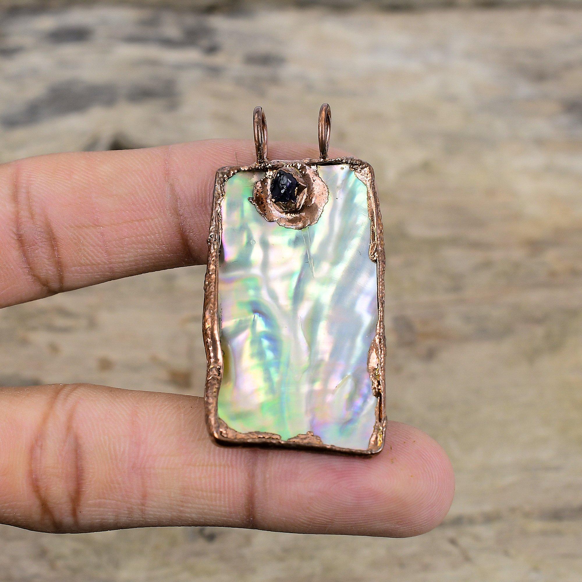 Abalone Shell Rough Pendant Electroformed Copper Pendant Handmade Gemstone Jewelry African Amethyst Rough Pendant Women Jewelry Gift For Him