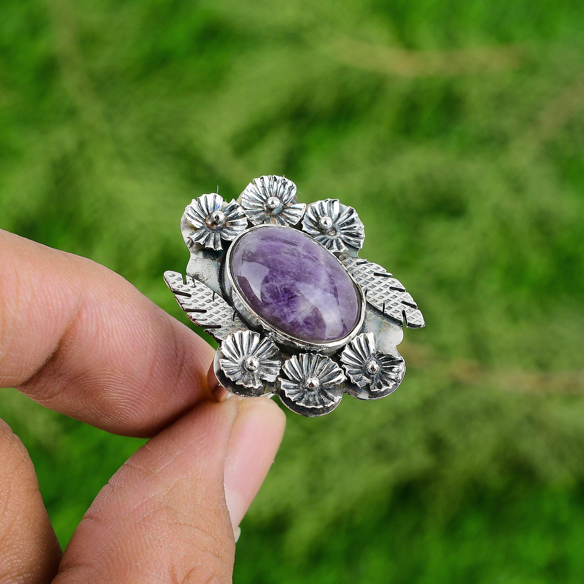 Solitaire Flower Adjustable Ring 925 Silver Natural Chevron Amethyst