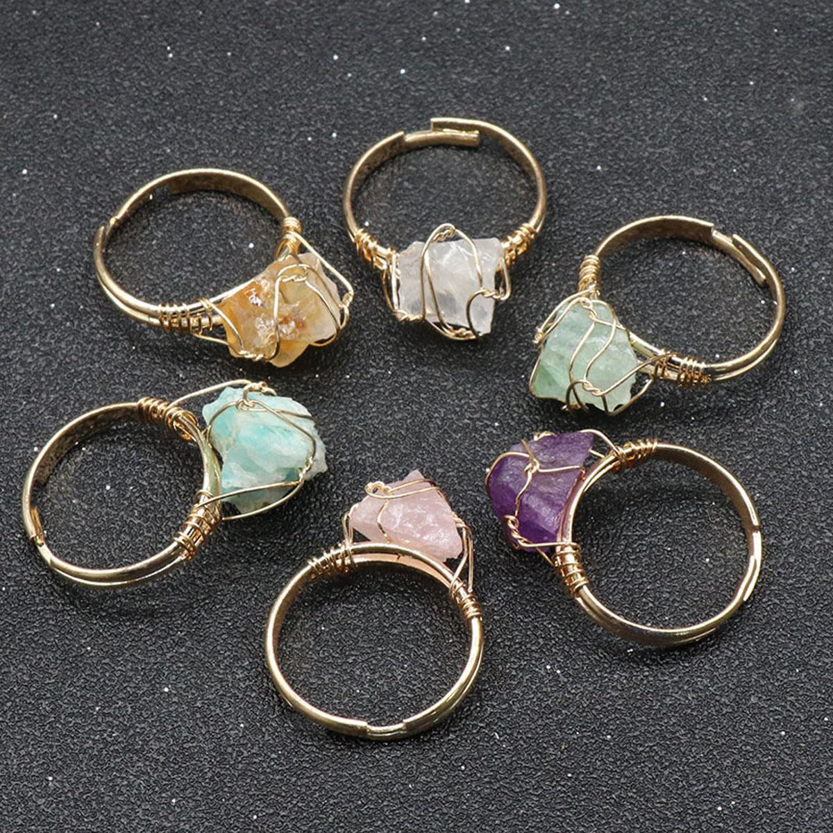 1Pc Opening Rings, Natural Stone Quartz Citrine Fluorite Amethyst Gemstone Ring, Adjustable Rings for Women Men Jewelry Craft Gifts