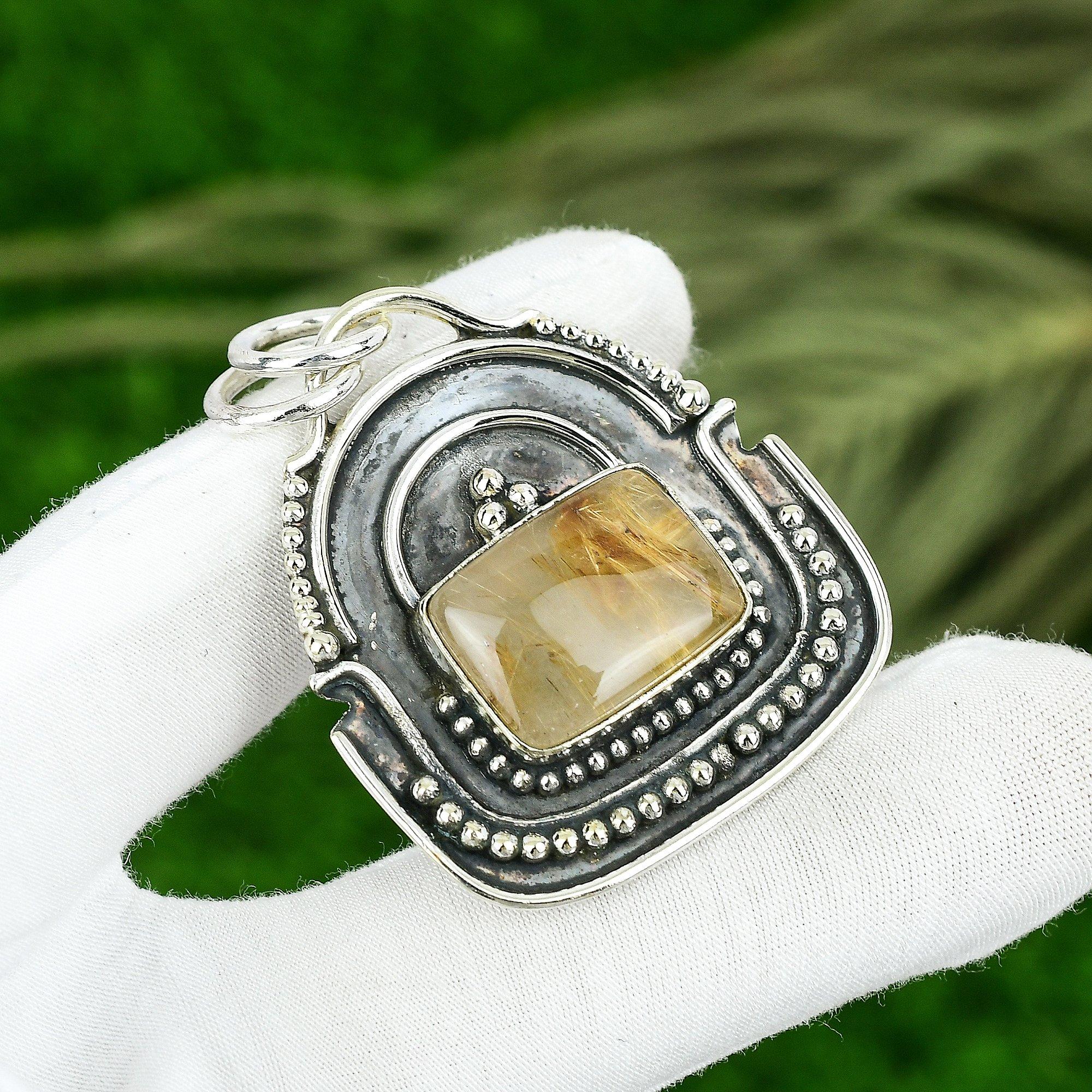 Sisters Day Sale Radiant Golden Rutile Stone Mother Bezel New Pendant 925 Silver