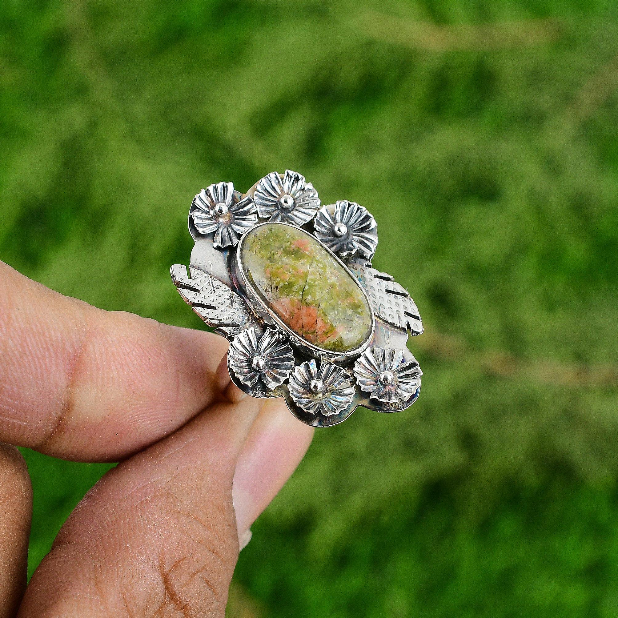 Natural Unakite Gemstone Solitaire Flower Green Adjustable Ring 925 Silver