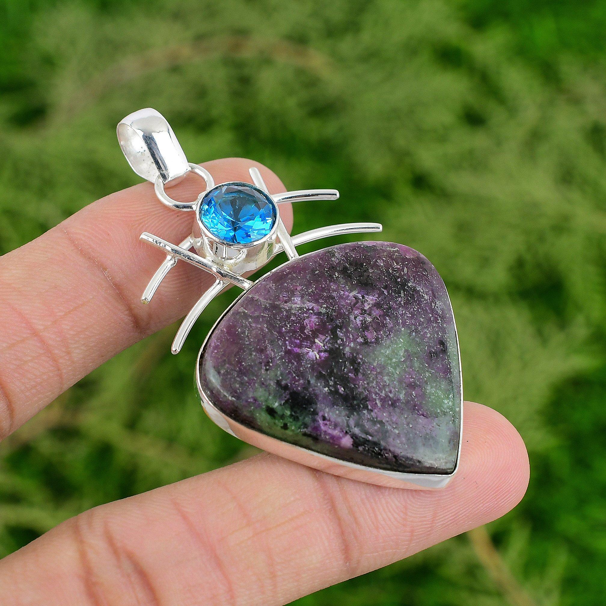 Daughters Day Sale Ruby Zoisite Stone Swiss Blue Topaz Wife Pendant 925 Silver