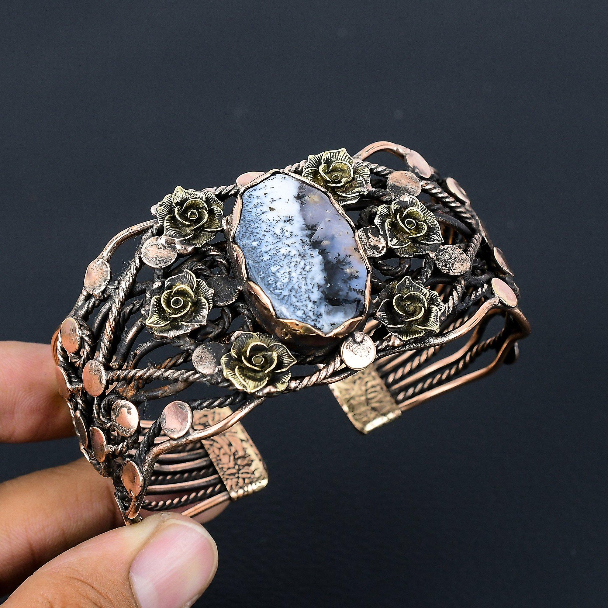 Dendrite Opal Gemstone Pure Copper Wire Wrapped Handmade Cuff/Bangle Jewelry