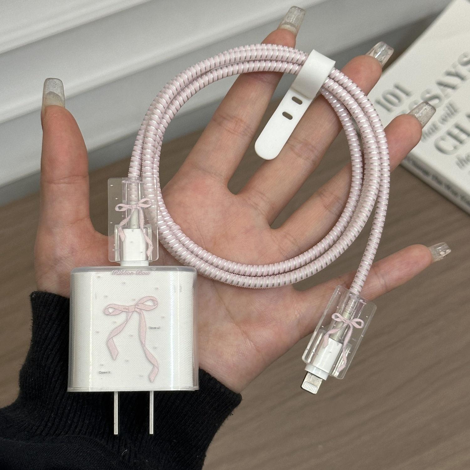 Four-piece Charging Protection, Data Cable, Charging Head Protective Cover, Pink Bow Assembly, Suitable For IPhone18/20w Charger Delivery