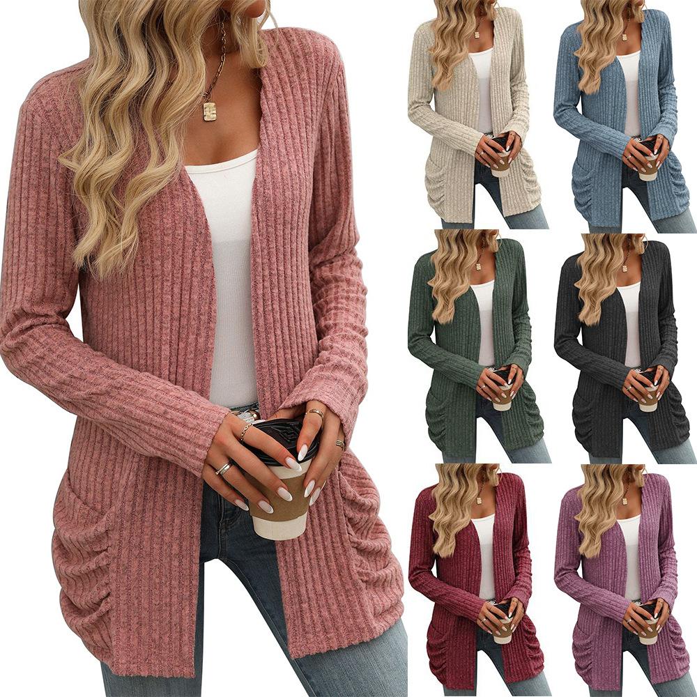 Autumn and Winter Women's Knitwear Solid Colour Pit Stripe Brushed Pocket Cardigan Long Sleeve Jacket