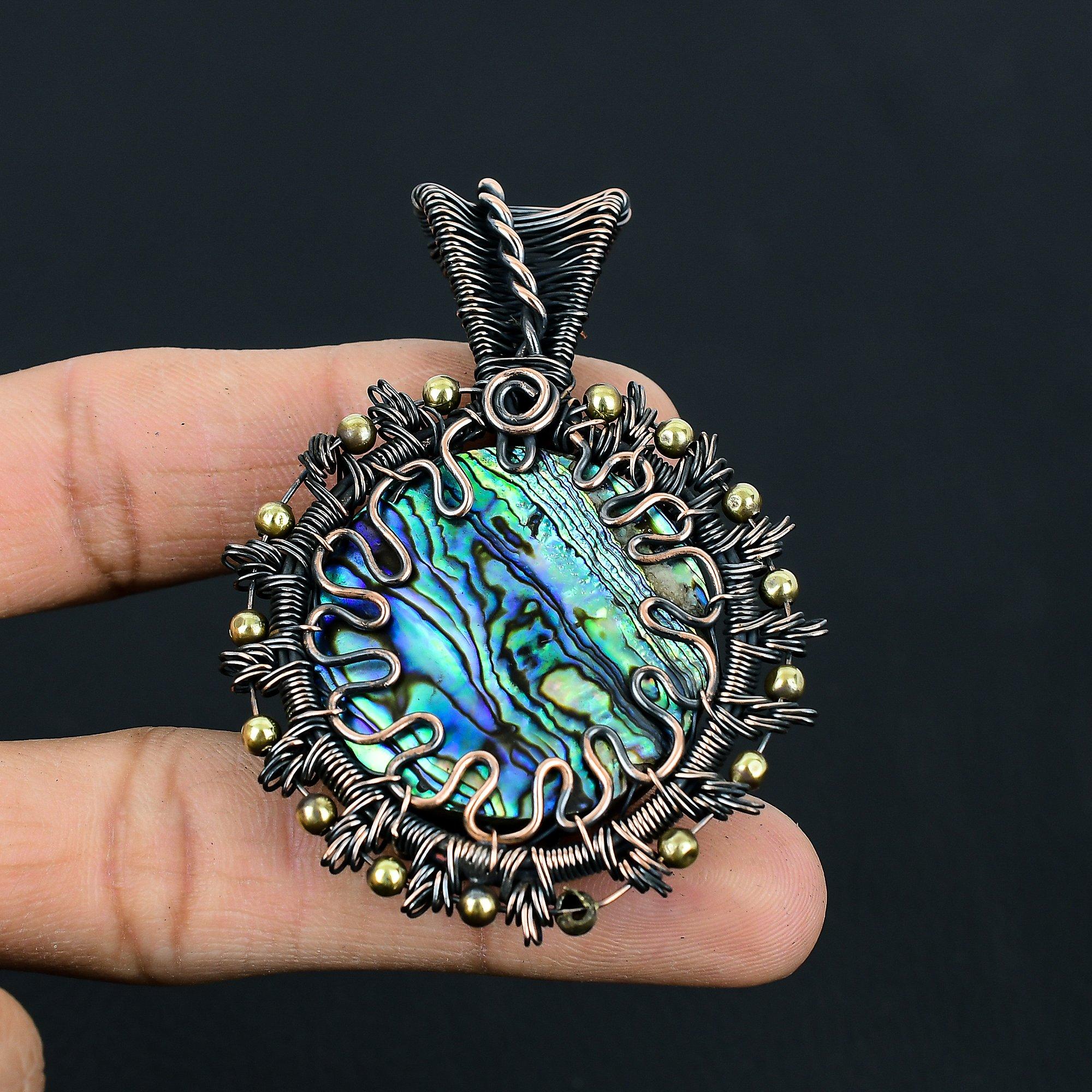 Abalone Shell Gemstone Handmade Pure Copper Wire Wrap Jewelry Pendant For Women