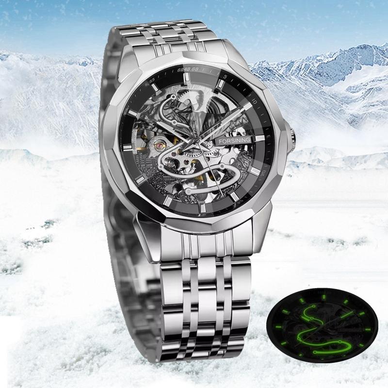 FORSINING Original Gold Skeleton Mechanical Man Watch Automatic Movement Clock Luxury Stainless Steel Men's Watches