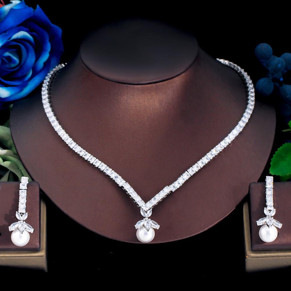 CMM Elegant Drop White Cubic Zirconia Dámský Party náhrdelník Náušnice Sada šperků z umělých perel