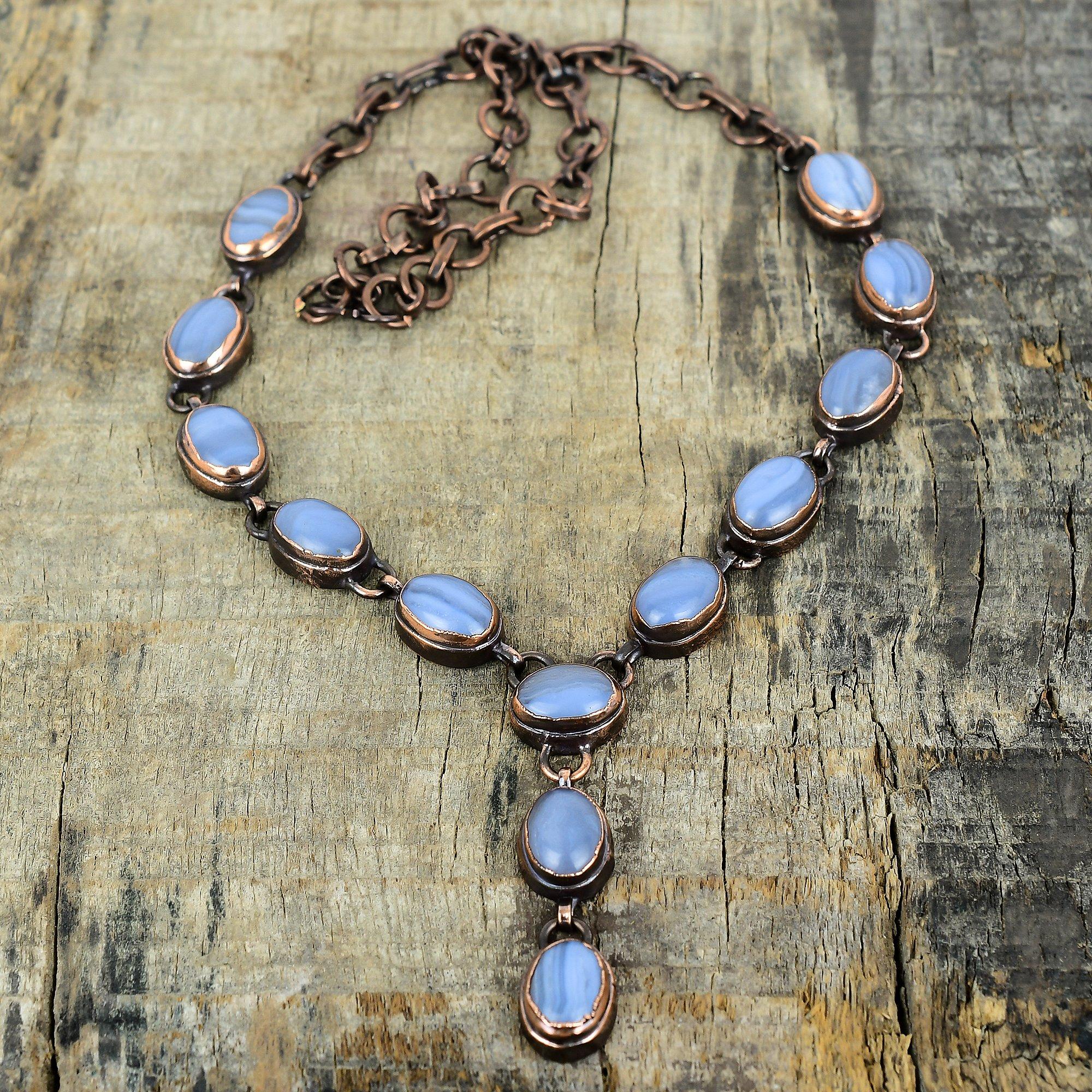 Blue lace agate necklace electroformed copper necklace handmade gemstone jewelry adjustable chain necklace antique jewelry gifts for mother