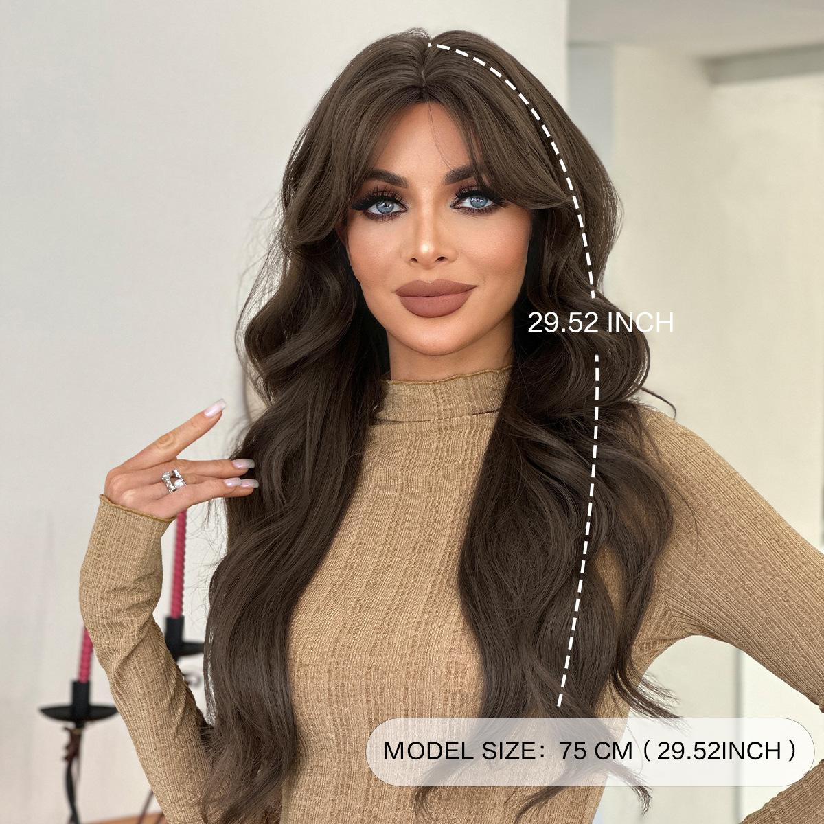 Caramel Warm Brown Extra Long Curly Wig for Women - Big Waves Curtain Bangs Full Cap, Quick Beauty Voluminous Hair, High Quality Daily Styling