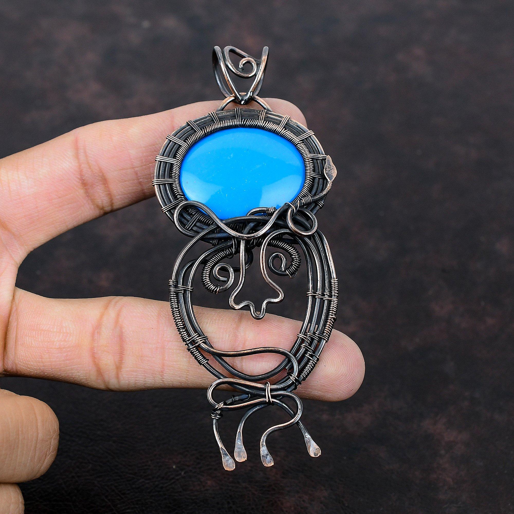 Sleeping Beauty Turquoise Pendant Copper Wire Wrapped Gemstone Pendant Wire Wrap Jewelry Handmade Ethnic Pendant Copper Jewelry Gift For Her