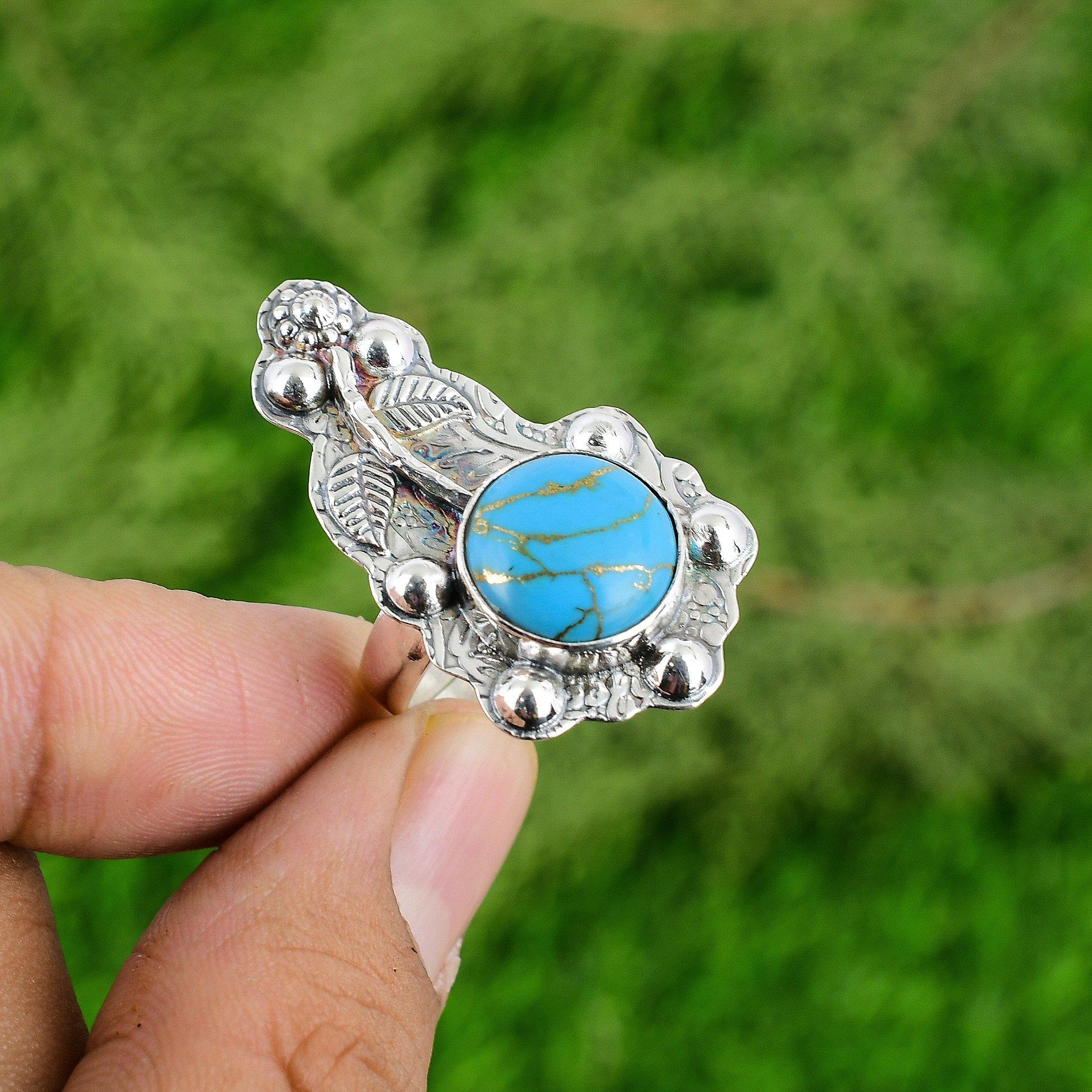 Copper Arizona Turquoise Stone Statement Flower Wedding Ring Jewelry 925 Silver