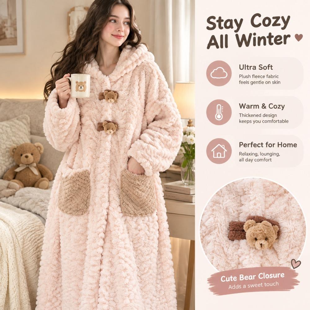 Women Coral Fleece Bathrobe Hooded Flannel Robe Set Thick Warm Loungewear Fall Winter
