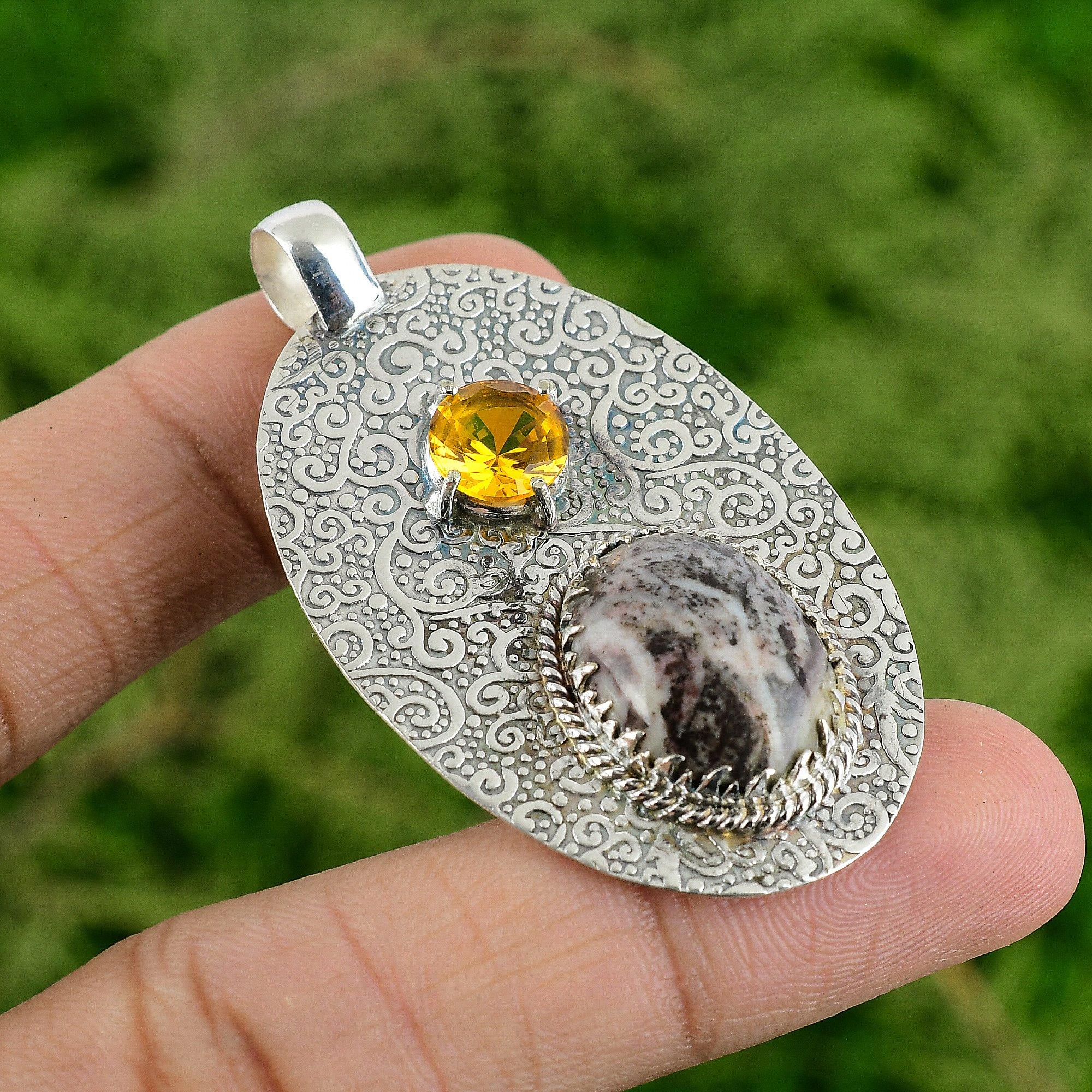 Daughters Day Sale 925 Silver Oval Coconut Jasper Stone Citrine Artisan Pendant