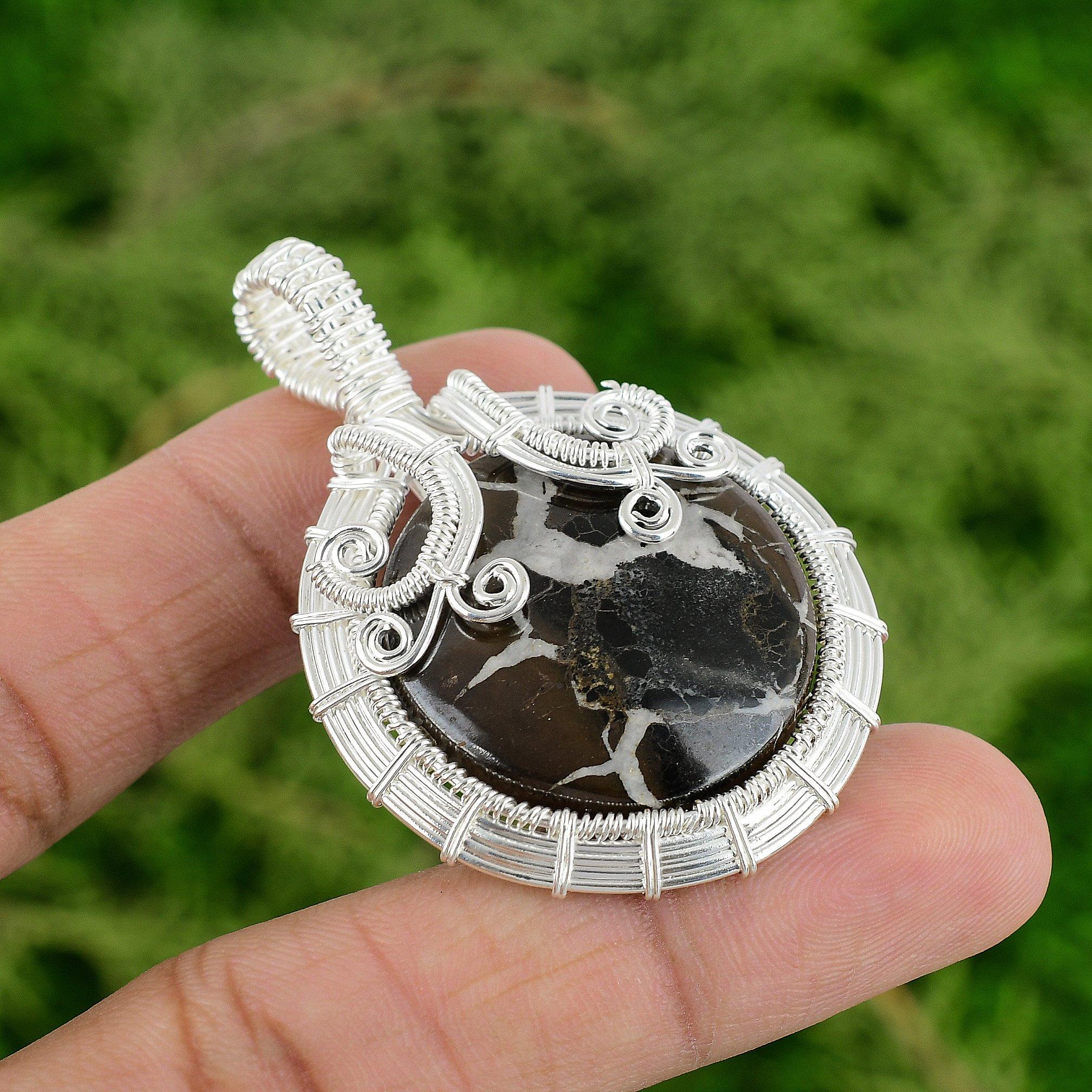 Moroccan Mud Crack Fossil Gemstone Sister Wire Wrap Pendant 925 Sterling Silver