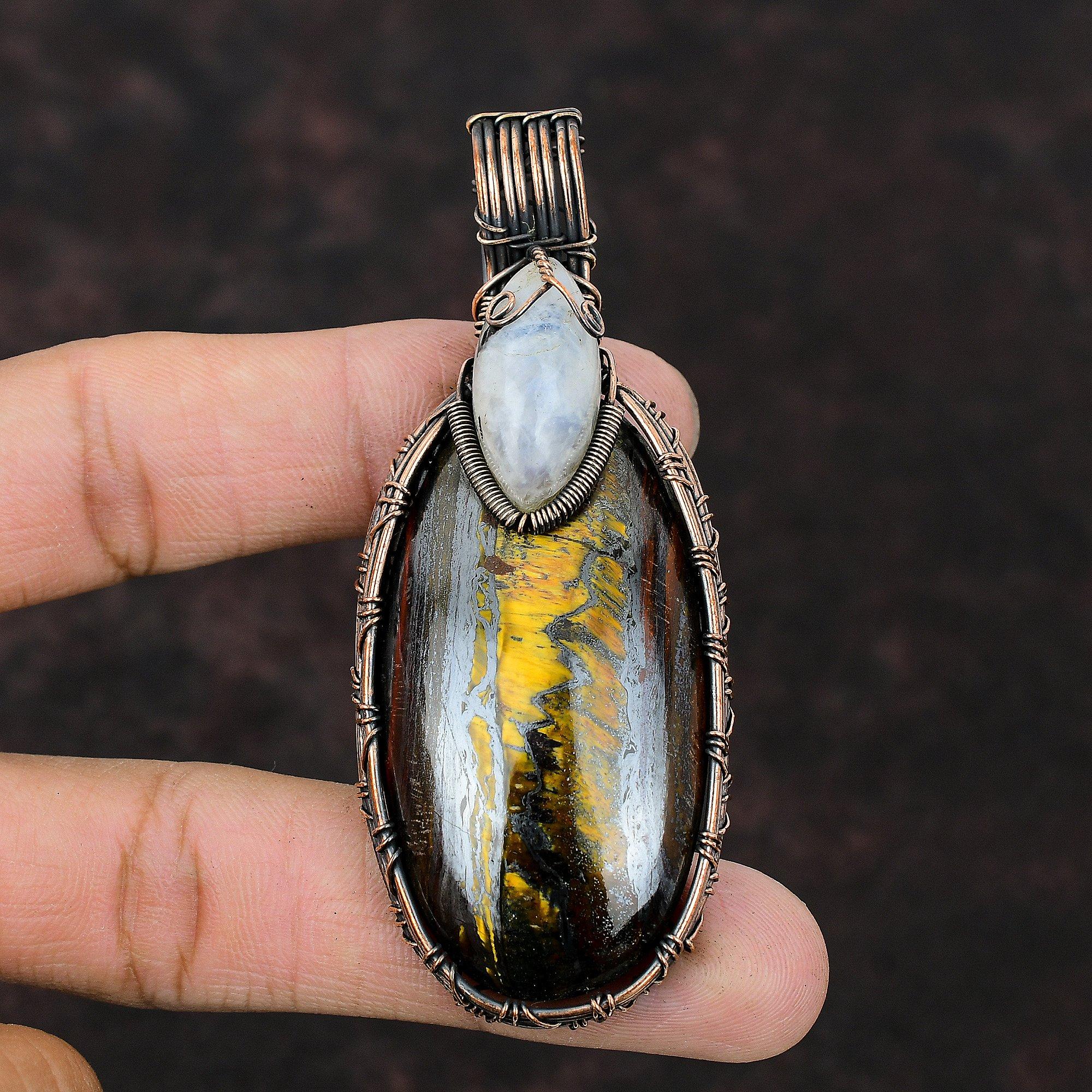 Iron Tiger Eye Pendant Copper Wire Wrapped Gemstone Pendant Rainbow Moonstone Pendant Copper Jewelry Handmade Brand New Pendant Gift For Mom