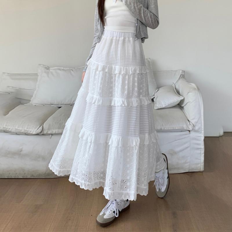 Fusta albă, lungă, de tort, femei, primăvară, talie înaltă, dantelă, mozaic, volane, fuste midi, haine dulci de balet