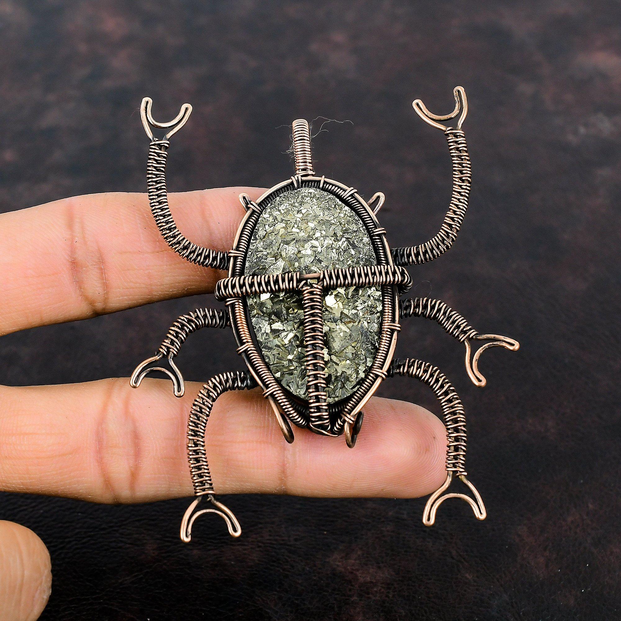 Golden Druzy Gemstone Pendant Copper Wire Wrapped Pendant Unique Copper Design Jewelry Handmade Beetle Pendant Wire Wrapped Jewelry For Gift