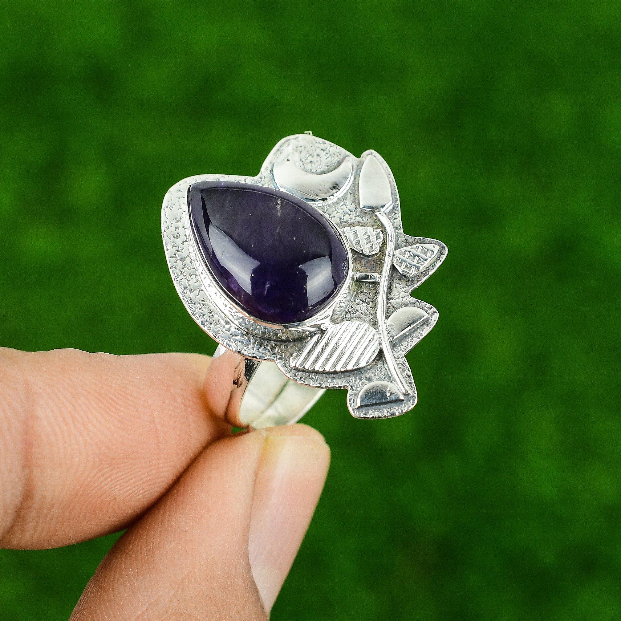 Crown Chakra African Amethyst Stone Sterling Silver Cescent Moon Daughter Ring