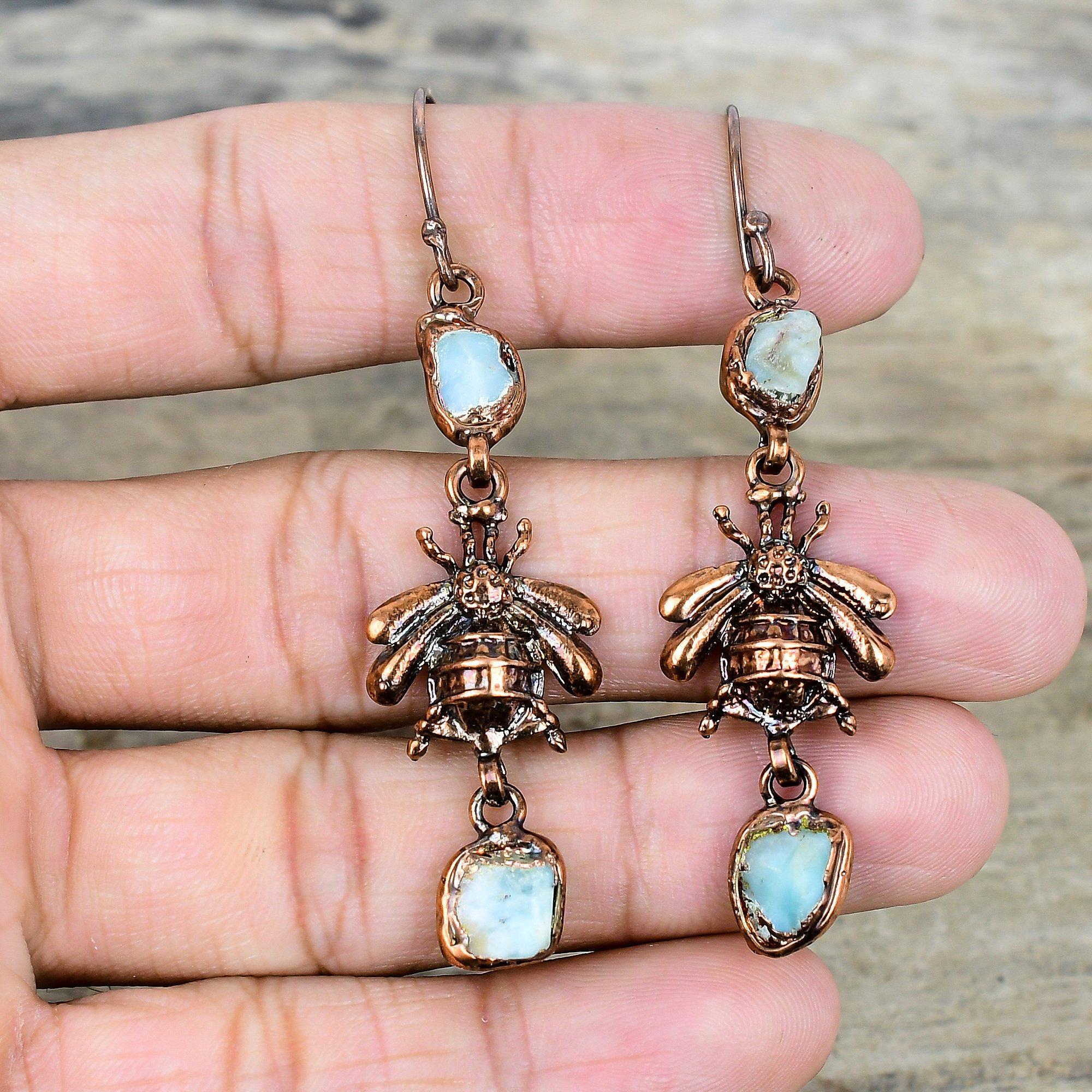 Larimar rough earring electroformed copper earring honey bee jewelry gemstone earrings copper jewelry engagement gifts handmade drop earring