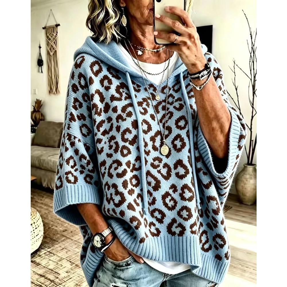 Leopard Print Hooded Sweater Women Drawstring Knit Pullover Hoodie Loose Knitted Outerwear Casual Oversized Sweatshirt Top