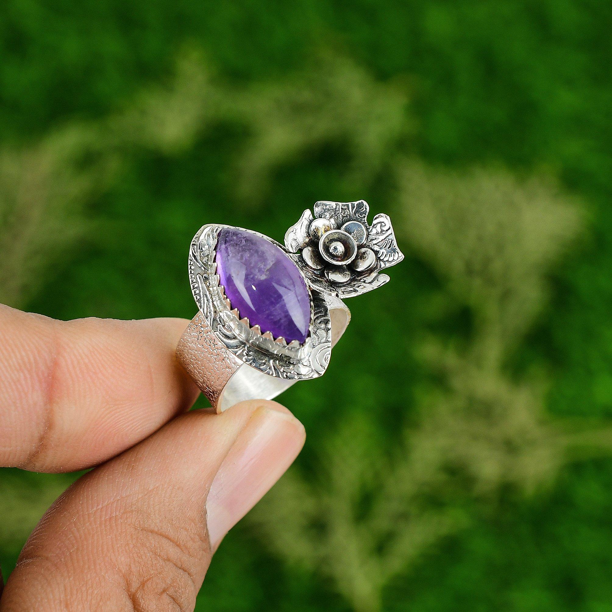 Natural African Amethyst Statement Flower Ring Size 7.25 925 Silver For Women