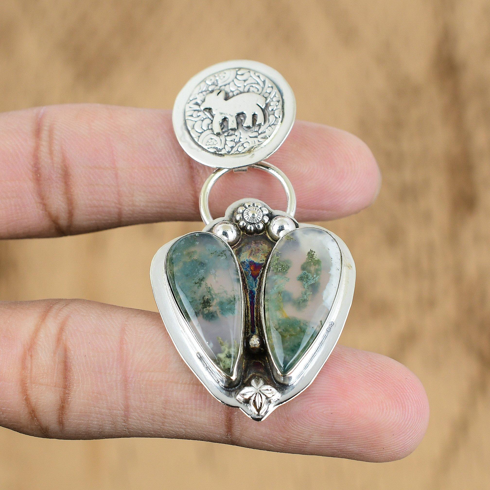 Gift For Her 925 Sterling Silver Natural Solar Moss Agate Gemstone Pendant