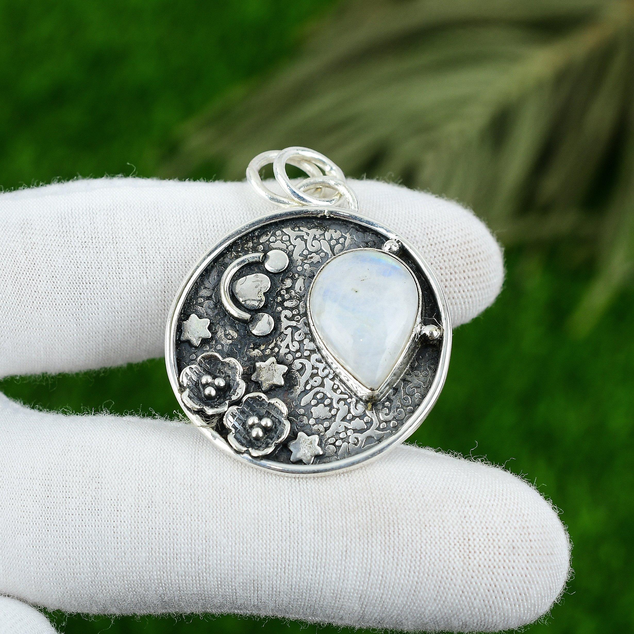 Natural Rainbow Moonstone Gemstone Pendant 925 Sterling Silver Jewelry For Girls