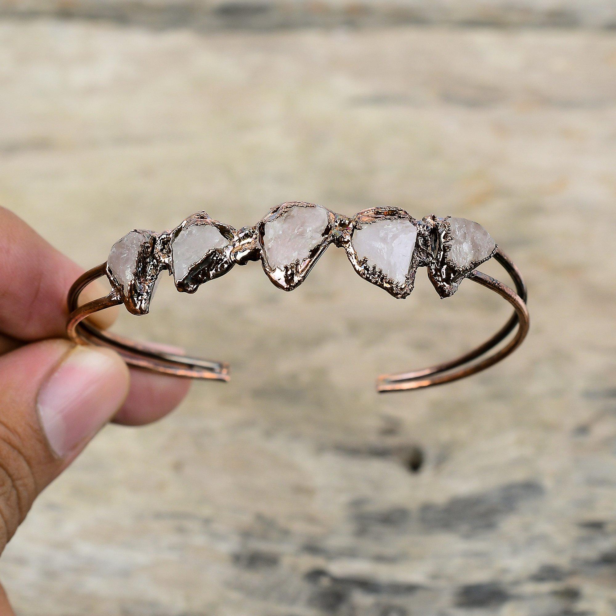 Rosenquarz Roh Armreif Elektrogeformter Kupfer Armreif Edelsteinschmuck Handgefertigt Verstellbarer Armreif Elektrogeformter Kupferschmuck