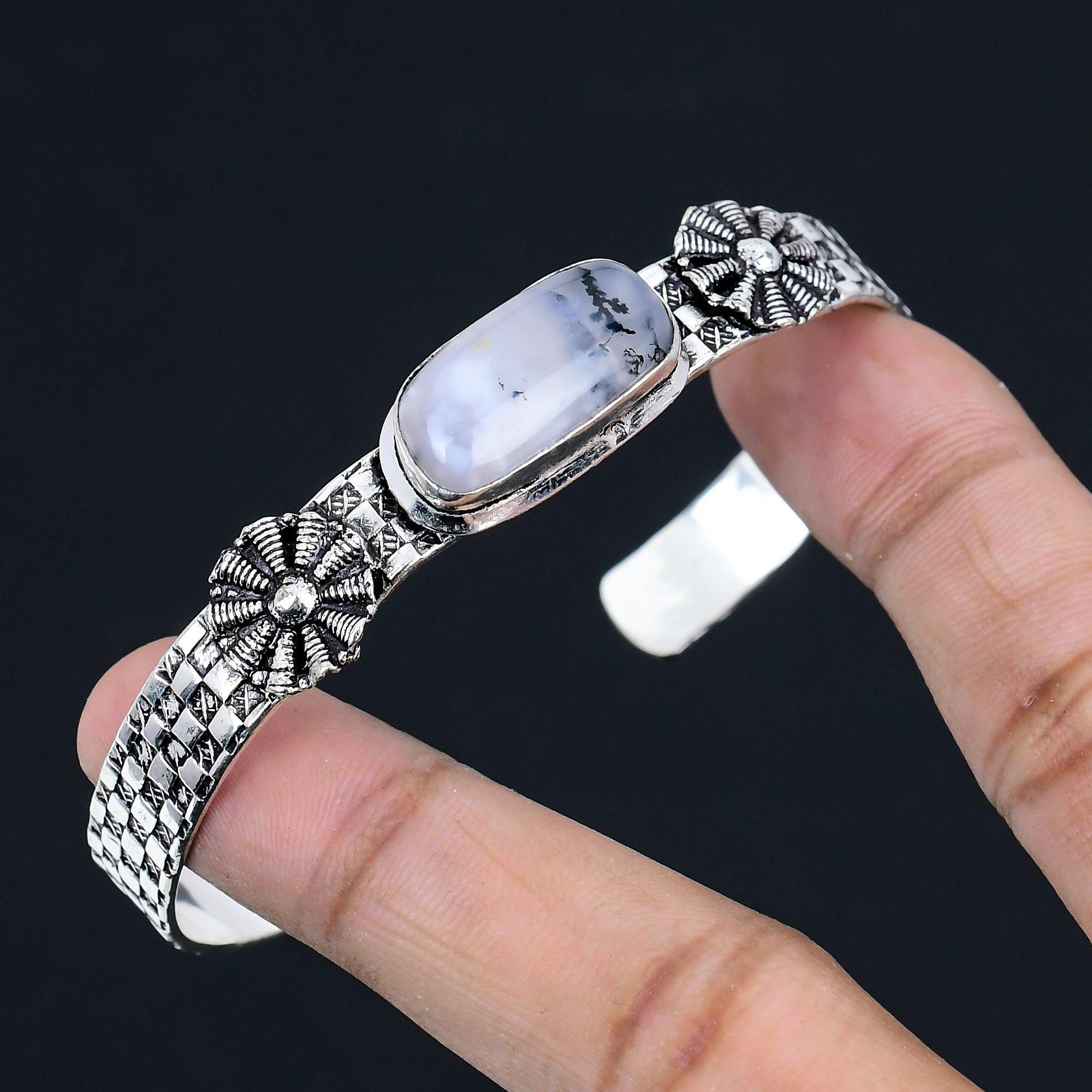 Anniversary Gift For Her Natural Dendrite Opal Bangle Adjustable 925 Silver