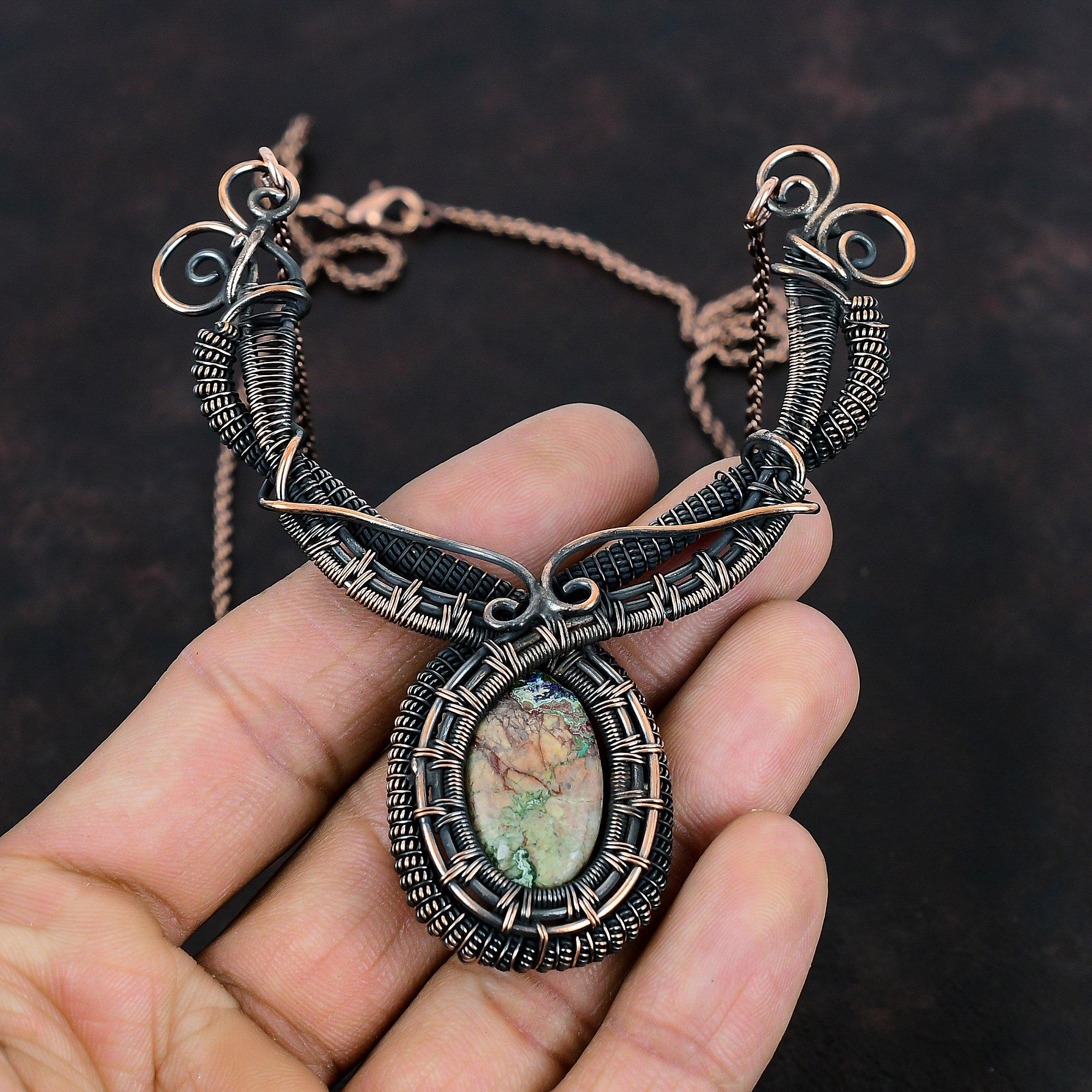 Azurite Malachite Gemstone Necklace Copper Wire Wrapped Necklace Stylish Necklace Handmade Copper Jewelry Necklace For Her Anniversary Gifts