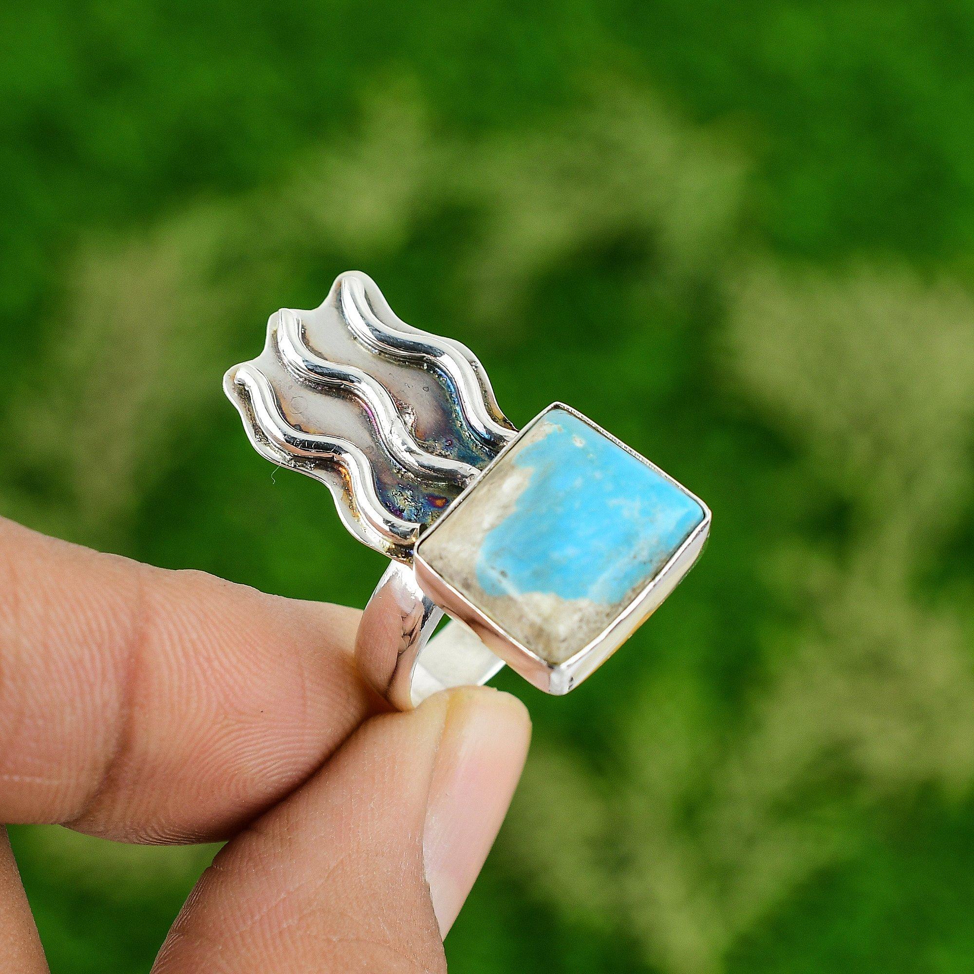 Natural Sleeping Beauty Turquoise 925 Silver Statement Ring Size 9 For Women
