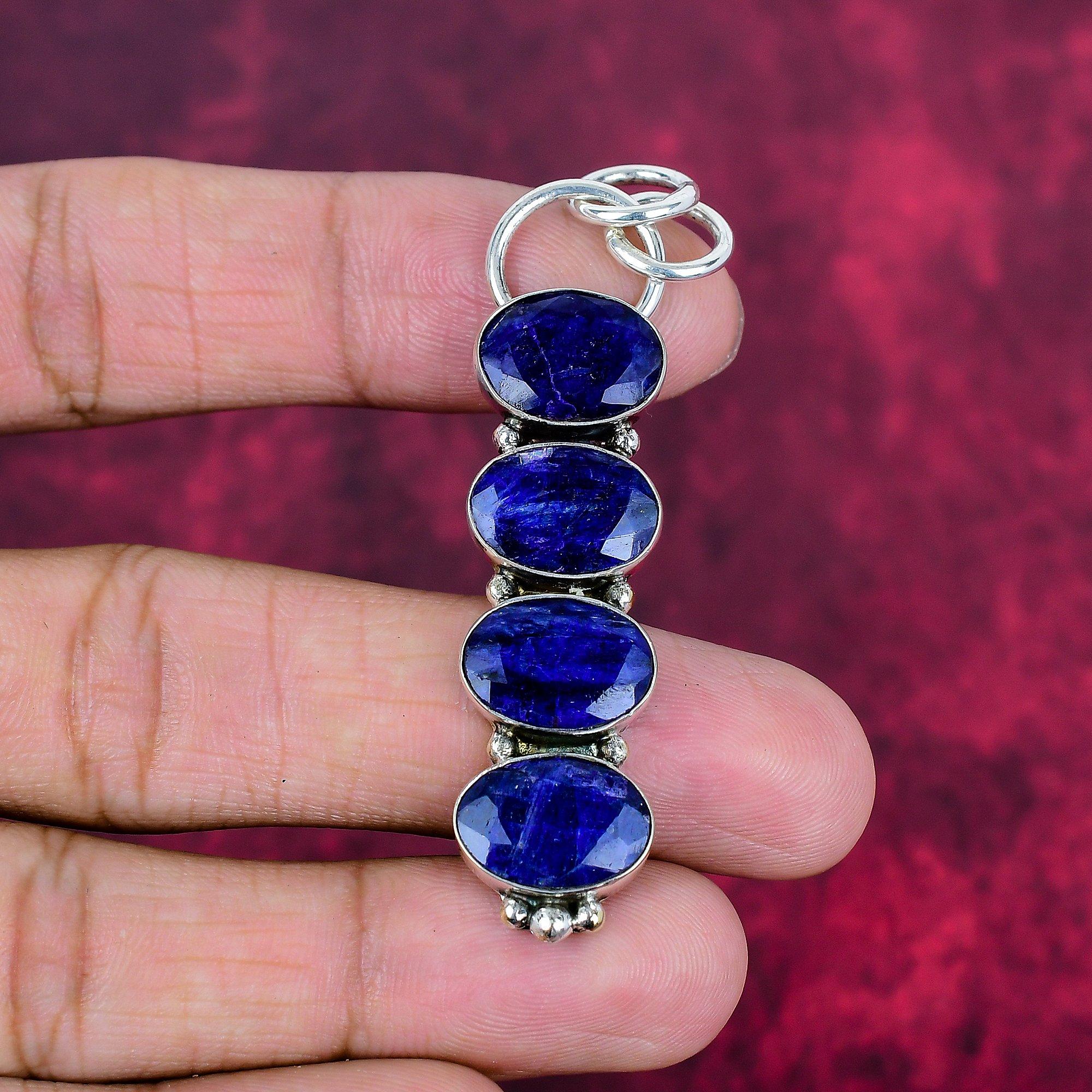 Blue Sapphire Pendant, Handmade Gemstone Pendant, 925 Solid Sterling Silver Pendant Antique Jewelry, For Engagement Gift