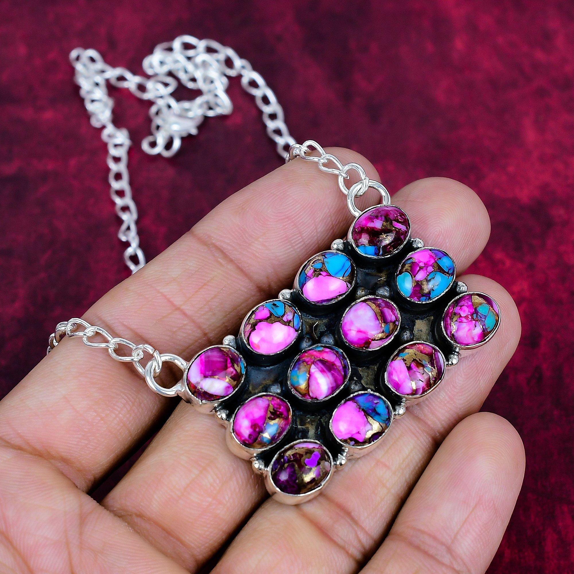Pink Stacheliger Kupfer-Türkis Handgefertigte Edelsteinkette, 925 Sterlingsilber Massiv Kette Antikschmuck, Für Verlobungsgeschenk