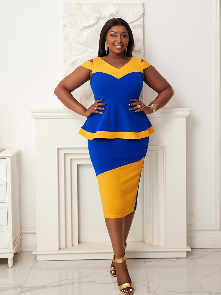Bodycon Midi Dresses Women V Neck Blue Yellow Color Block High Waist Peplum Package Hip Office Lady Event Outfit