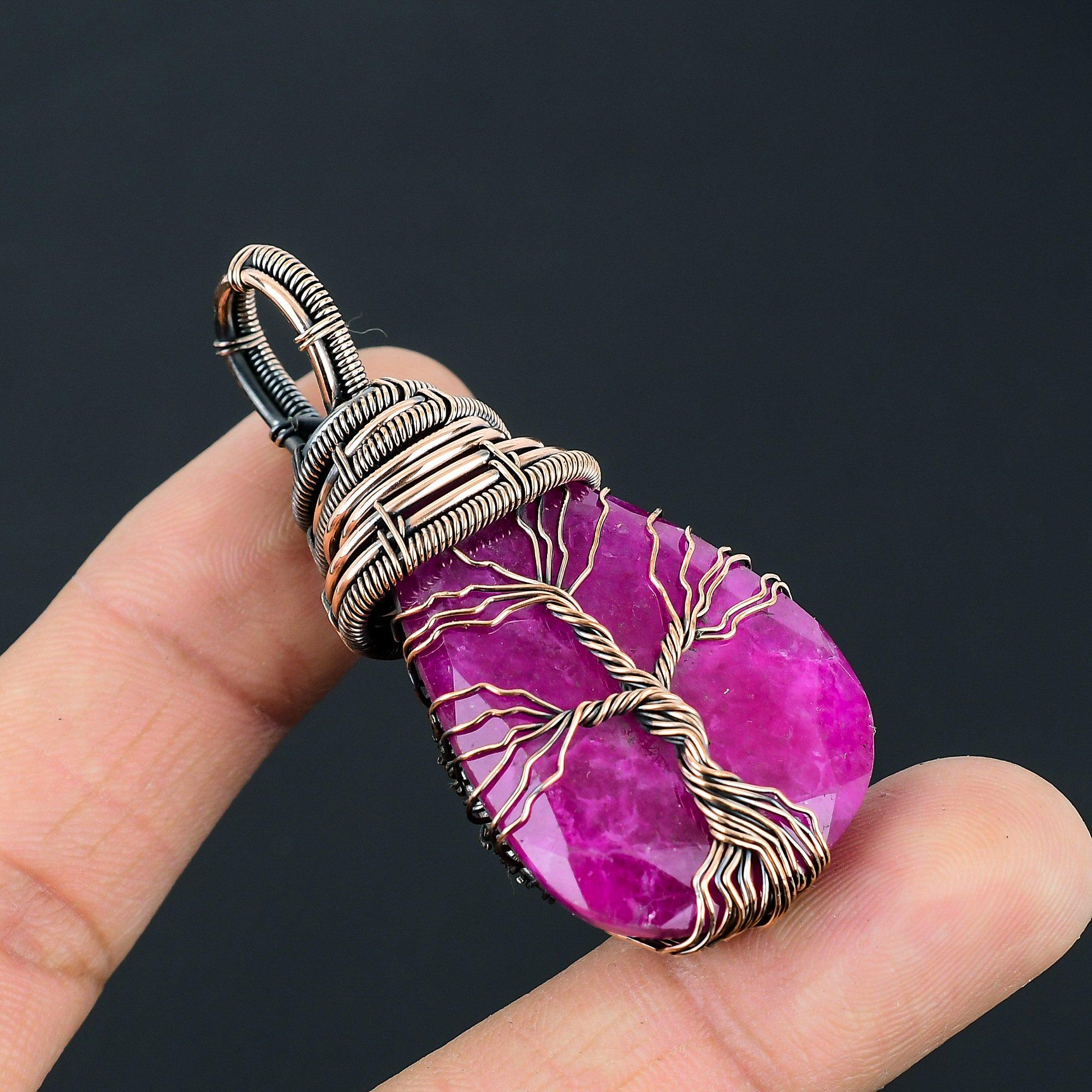 Kashmiri Red Ruby Gemstone Handmade Pure Copper Wire Wrap Jewelry Pendant For Thanksgiving