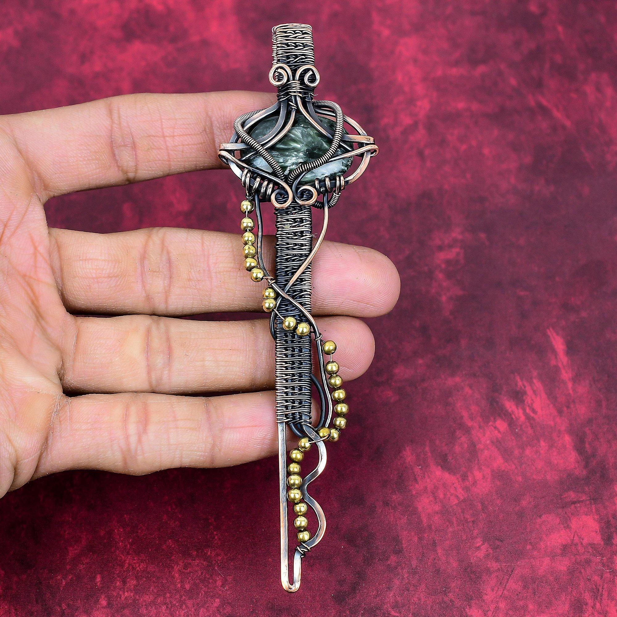 Seraphinite Pendant Copper Wire Wrapped Pendant Key Design Jewelry Genuine Gemstone Pendant Copper Jewelry Gifts for Women Handmade Pendant