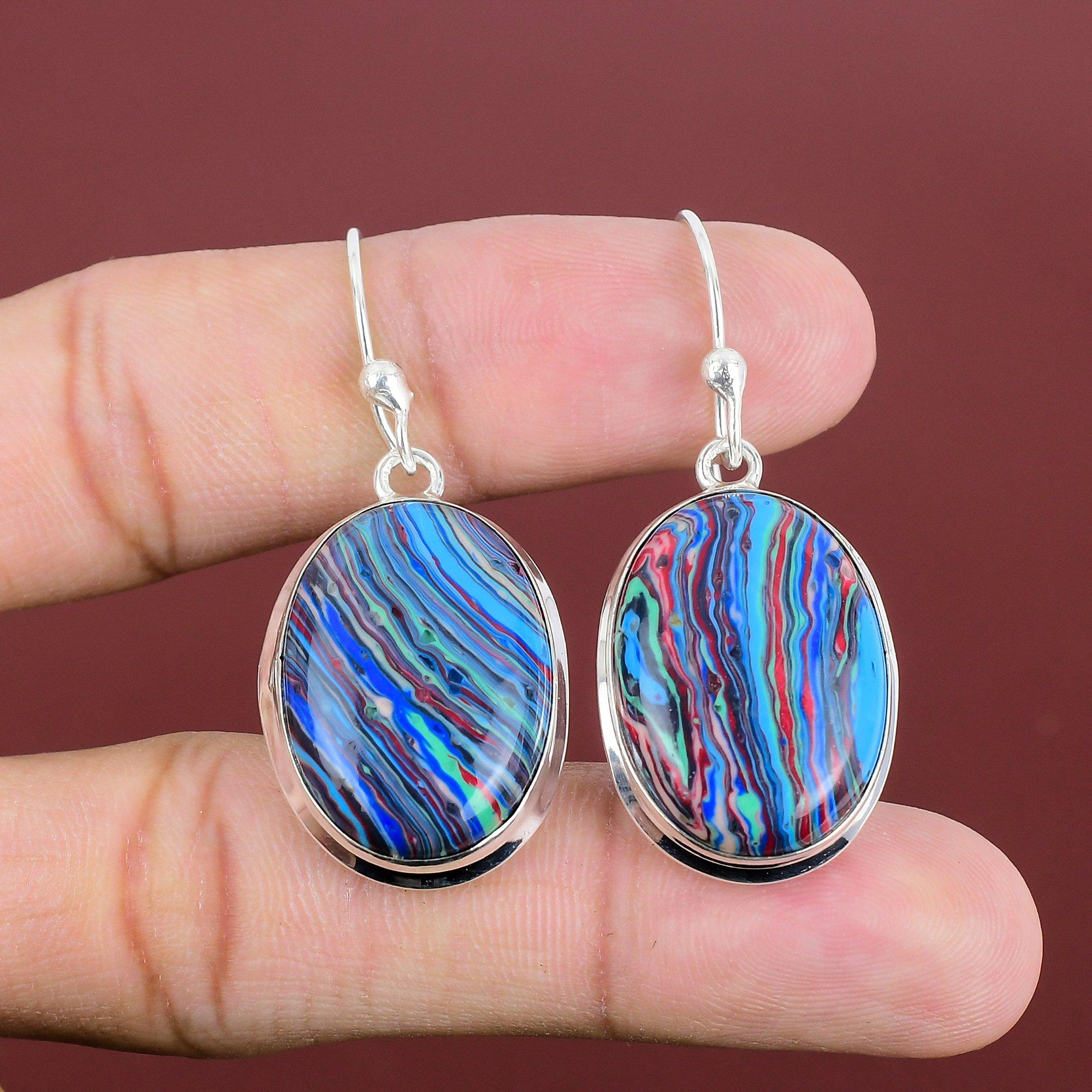 Rainbow Calsilica Earring Original Gemstone Jewelry 925 Sterling Silver Earring Handmade Earrings Gifts For Women Very Pretty Silver Jewelry
