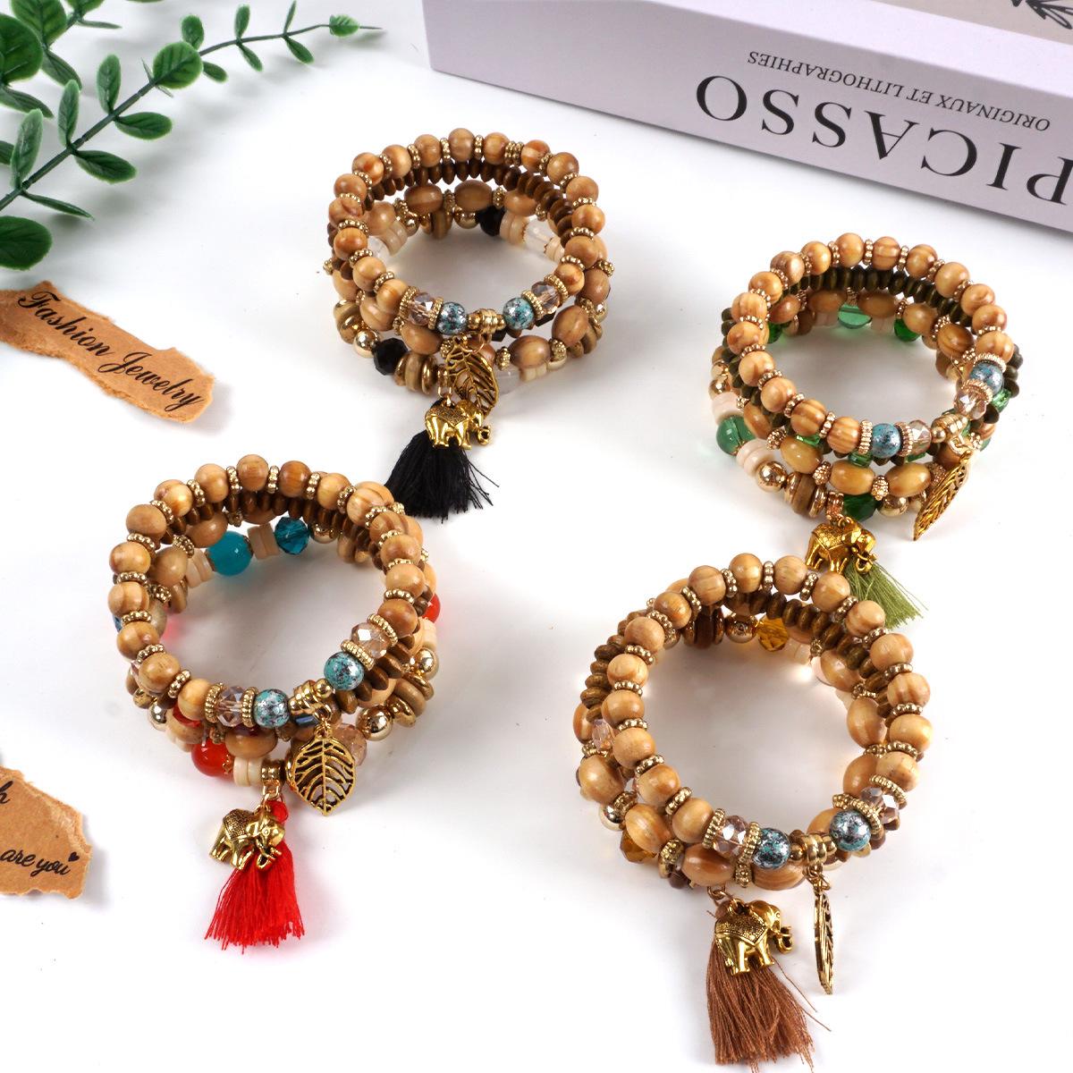 4pcs/set Boho Wooden Beaded Bracelet For Women Leaf Tassels Chain Bangle Bohemia Jewelry Accessory