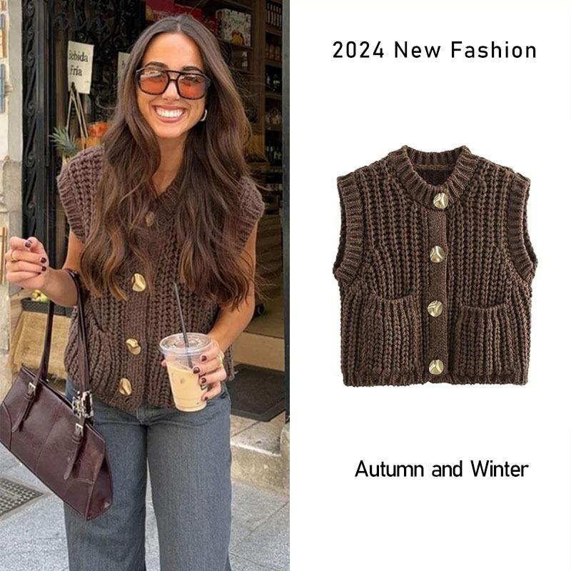 Vestă ocazională tricotată cu un singur piept, pentru femei, la modă, cu gâtul O, buzunare fără mâneci, vestă scobită, 2024, toamnă, cardigan solid pentru damă