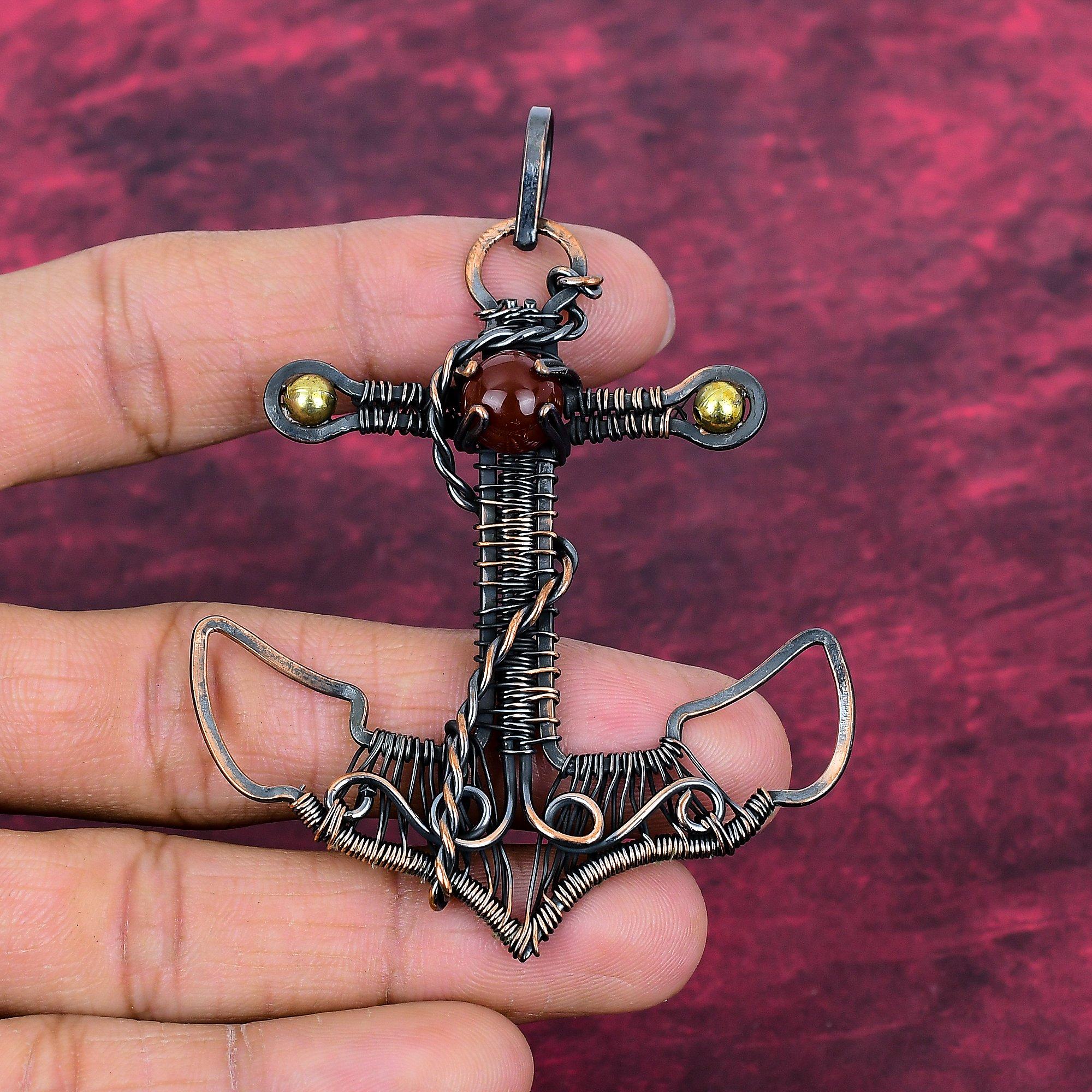 Carnelian Pendant Copper Wire Wrapped Handmade Jewelry Anchor Gemstone Pendant