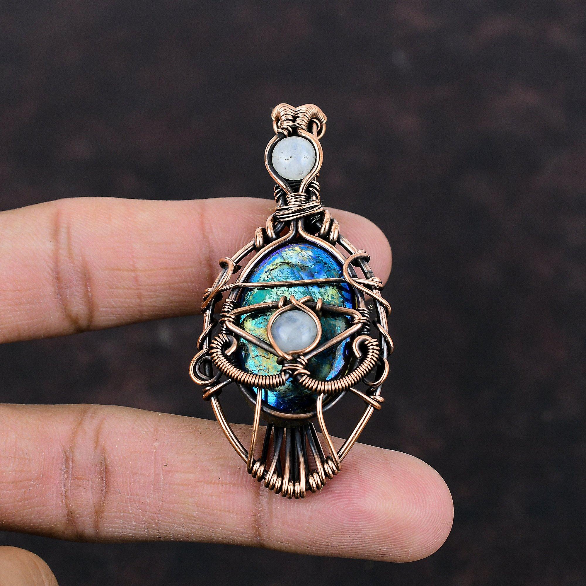 Evil Eye Mystic Fire Labradorite Pendant Copper Wire Wrapped Gemstone Pendant Handmade Copper Jewelry Rainbow Moonstone Pendant Gift For Her
