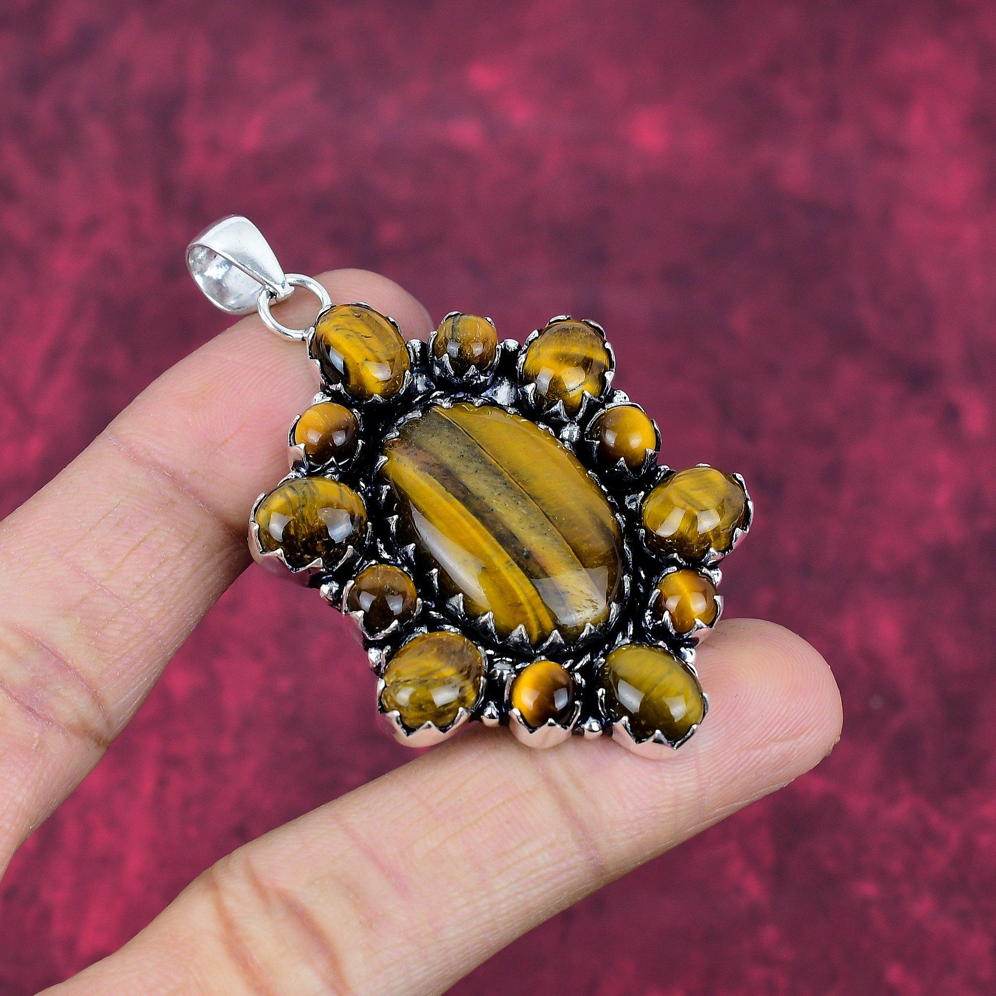 Pingente de prata esterlina sólida 925 olho de tigre, pingente de pedra preciosa feito à mão, presente para a mãe, joias antigas