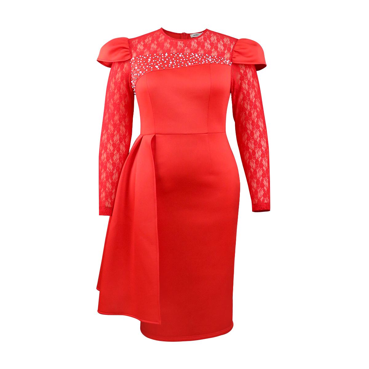 AOMEI Red Sheath Dresses for Women Lace O Neck Long Sleeve Embroidered Flares Ruffles High Waist Mid-Calf Summer Elegant Evening Party Plus Size Gowns